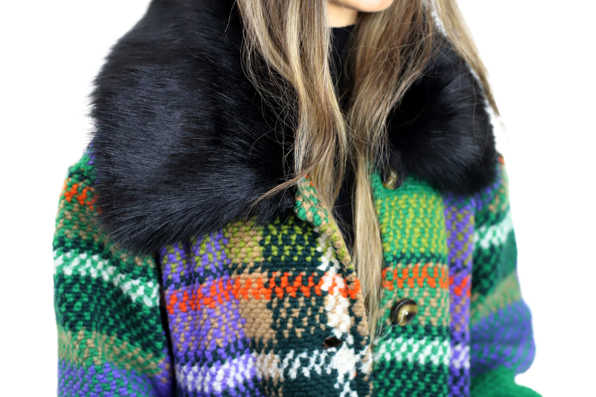 La Fiorentina Long Plaid Wool Coat w/ Faux Fur Trim- Green/Black - Faux Fur Jacket - La Fiorentina FL3636-GRNBLK-ML