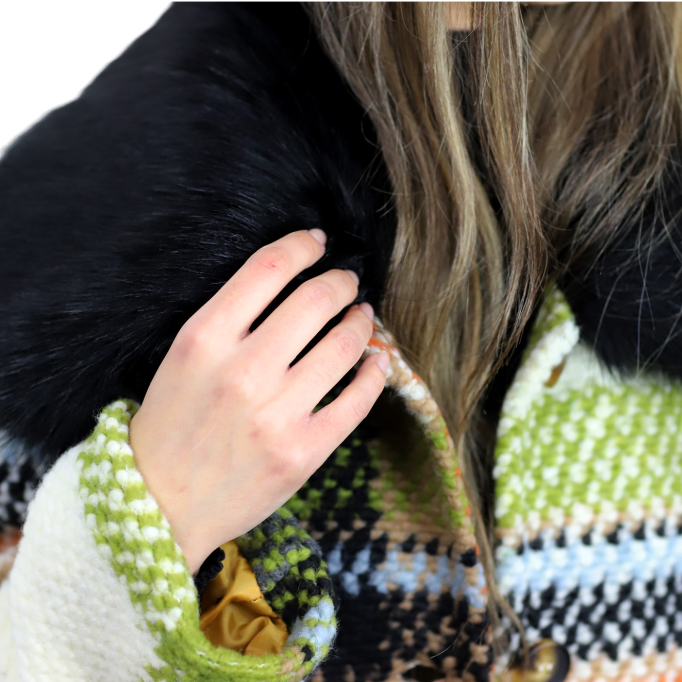 La Fiorentina Long Plaid Wool Coat w/ Faux Fur Trim - Ivory/Black - Faux Fur Jacket - La Fiorentina FL3636-IVRYBLK-ML