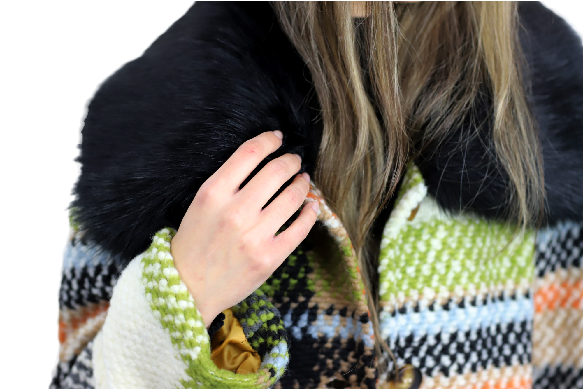 La Fiorentina Long Plaid Wool Coat w/ Faux Fur Trim - Ivory/Black - Faux Fur Jacket - La Fiorentina FL3636-IVRYBLK-ML