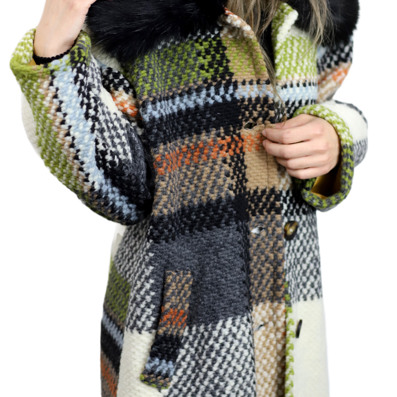 La Fiorentina Long Plaid Wool Coat w/ Faux Fur Trim - Ivory/Black - Faux Fur Jacket - La Fiorentina