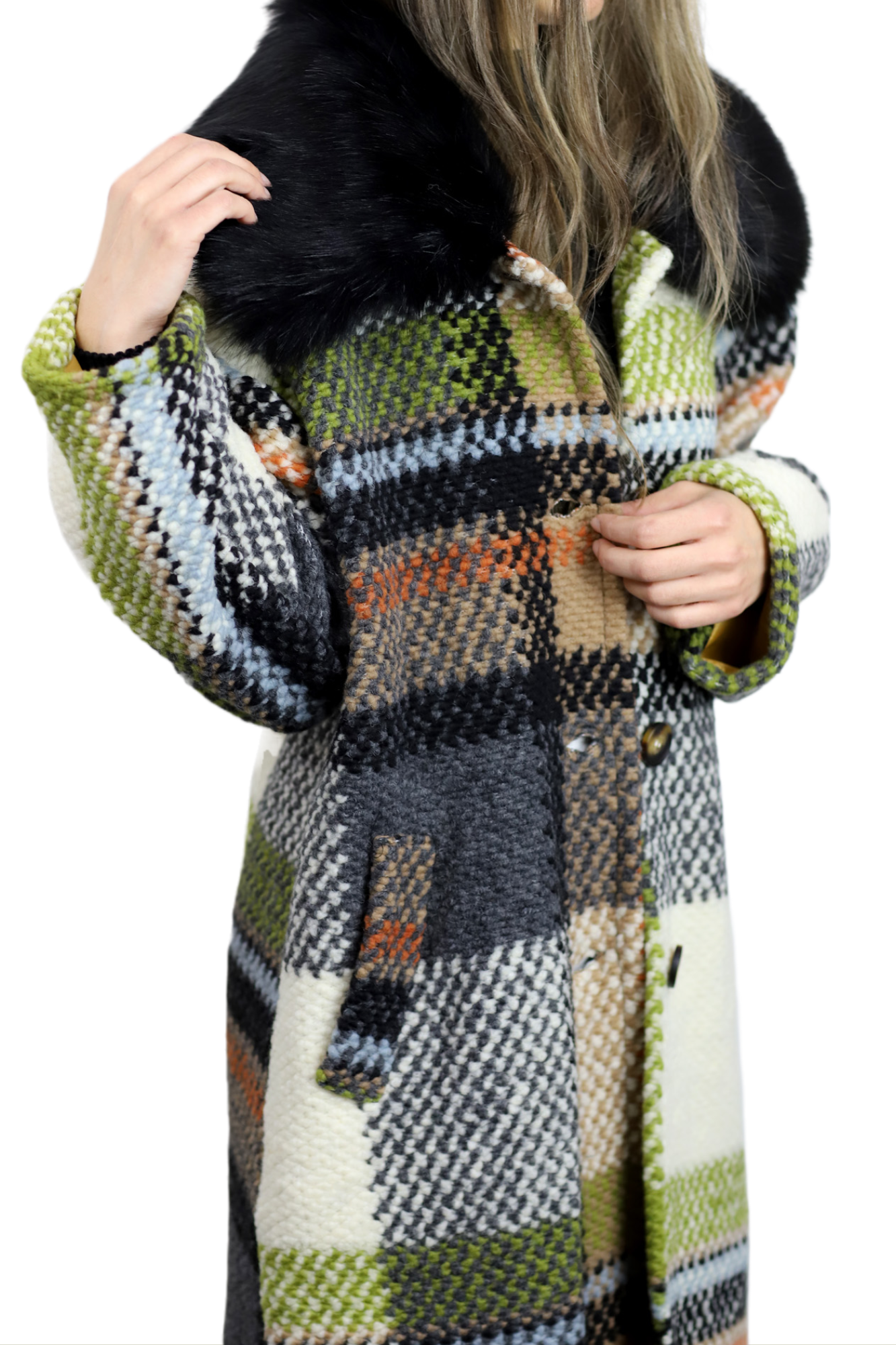 La Fiorentina Long Plaid Wool Coat w/ Faux Fur Trim - Ivory/Black - Faux Fur Jacket - La Fiorentina