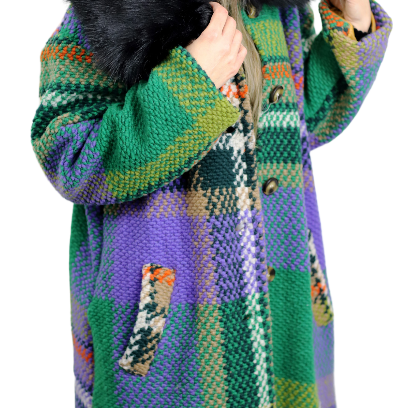 La Fiorentina Long Plaid Wool Coat w/ Faux Fur Trim- Green/Black - Faux Fur Jacket - La Fiorentina FL3636-GRNBLK-ML