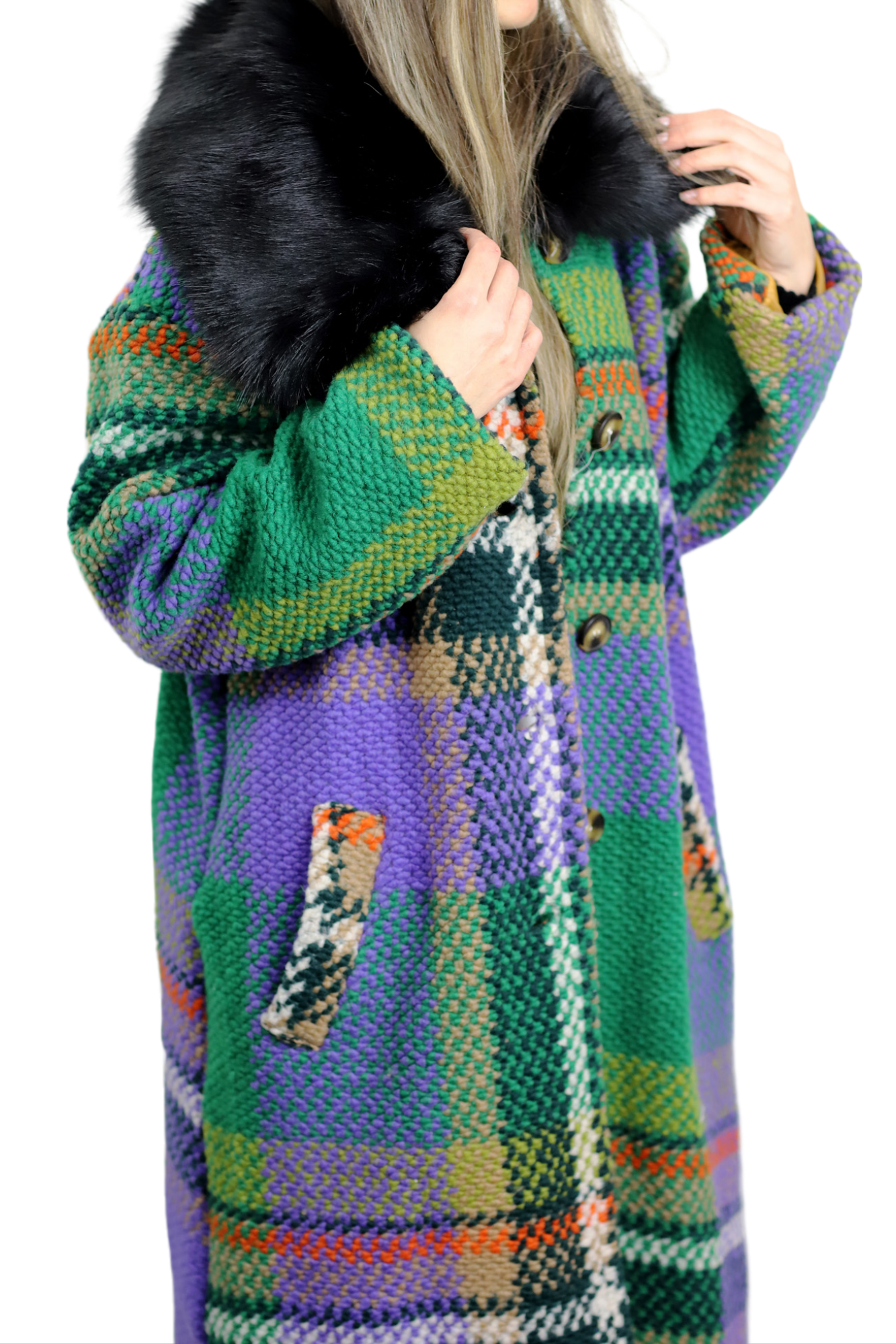 La Fiorentina Long Plaid Wool Coat w/ Faux Fur Trim- Green/Black - Faux Fur Jacket - La Fiorentina FL3636-GRNBLK-ML