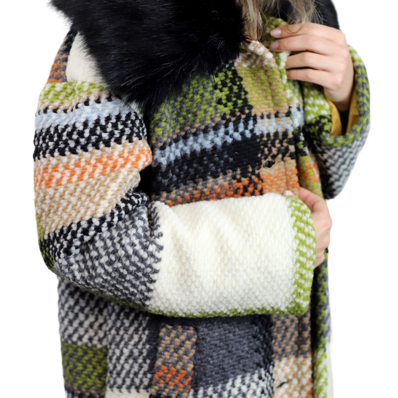 La Fiorentina Long Plaid Wool Coat w/ Faux Fur Trim - Ivory/Black - Faux Fur Jacket - La Fiorentina