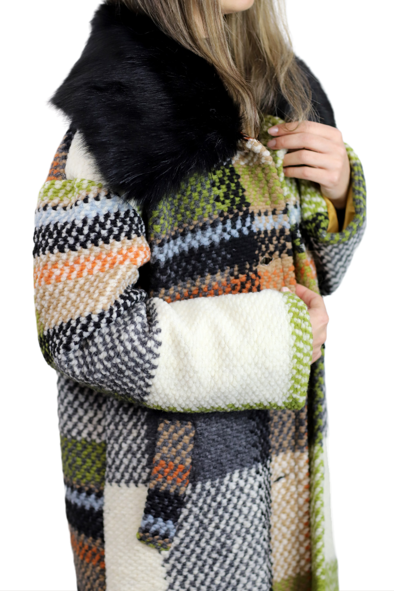 La Fiorentina Long Plaid Wool Coat w/ Faux Fur Trim - Ivory/Black - Faux Fur Jacket - La Fiorentina