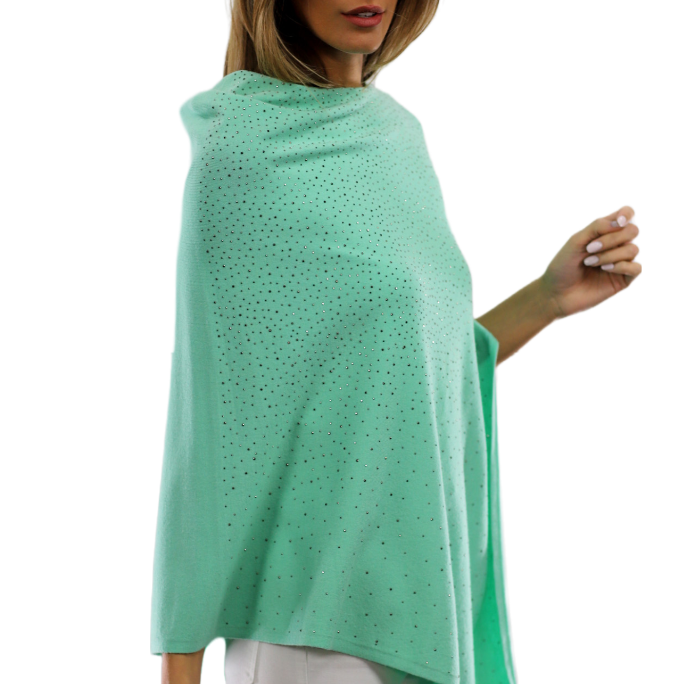 Light Weight Poncho with Embellishments - Green - Poncho - La Fiorentina BE13