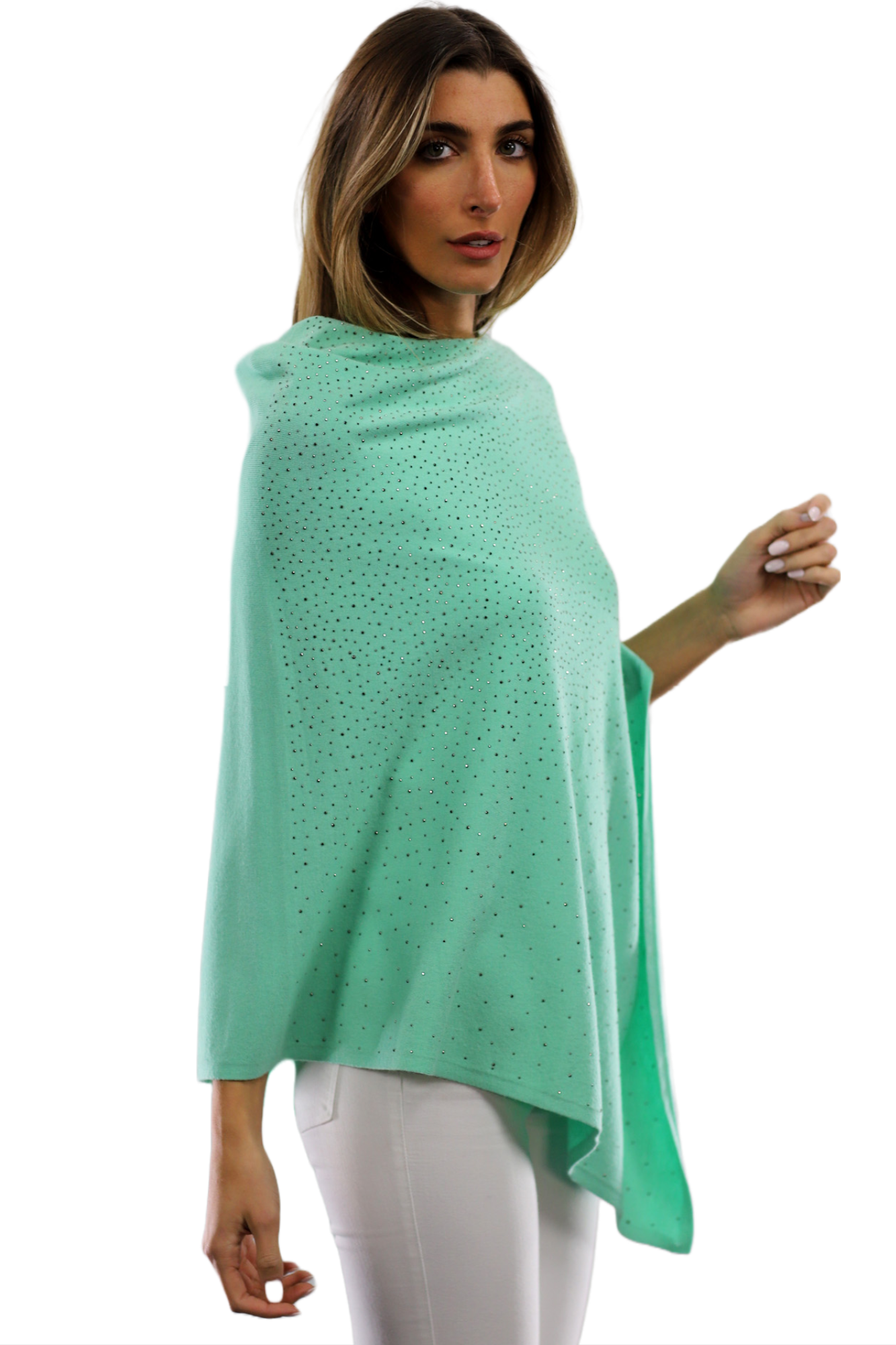 Light Weight Poncho with Embellishments - Green - Poncho - La Fiorentina BE13