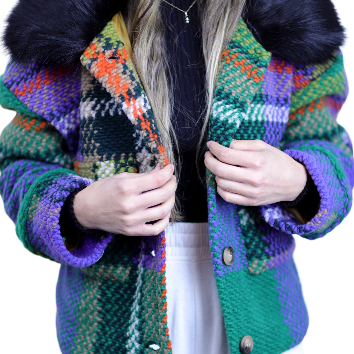 La Fiorentina Short Plaid Wool Jacket w/ Faux Fur Trim- Green/Black - Faux Fur Jacket - La Fiorentina FL1831-GRNBLK-ML