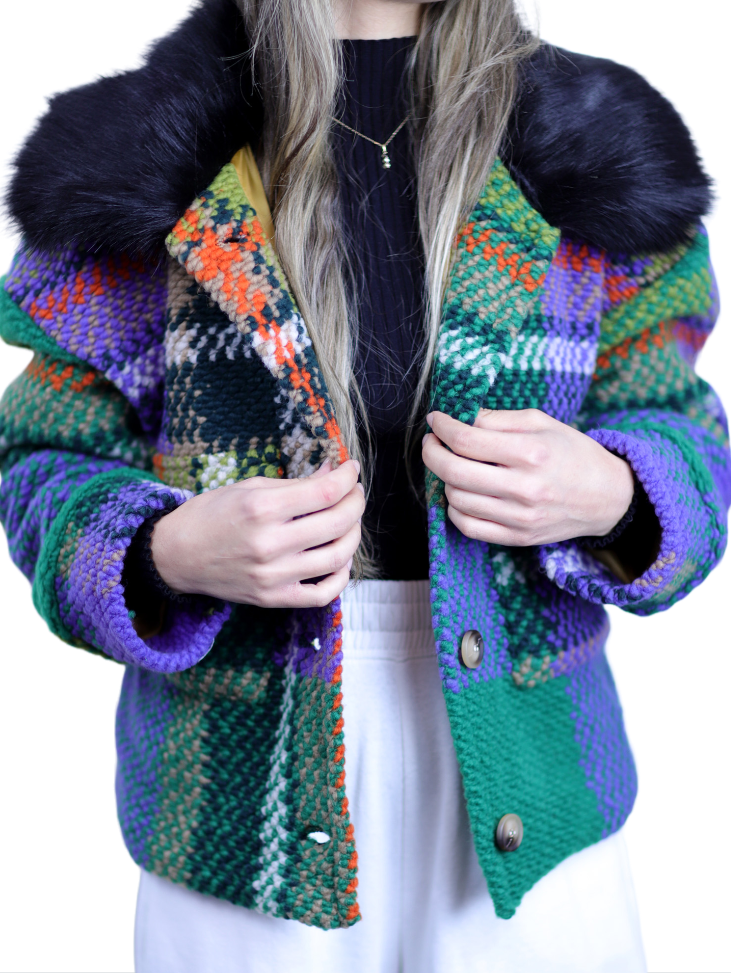 La Fiorentina Short Plaid Wool Jacket w/ Faux Fur Trim- Green/Black - Faux Fur Jacket - La Fiorentina FL1831-GRNBLK-ML