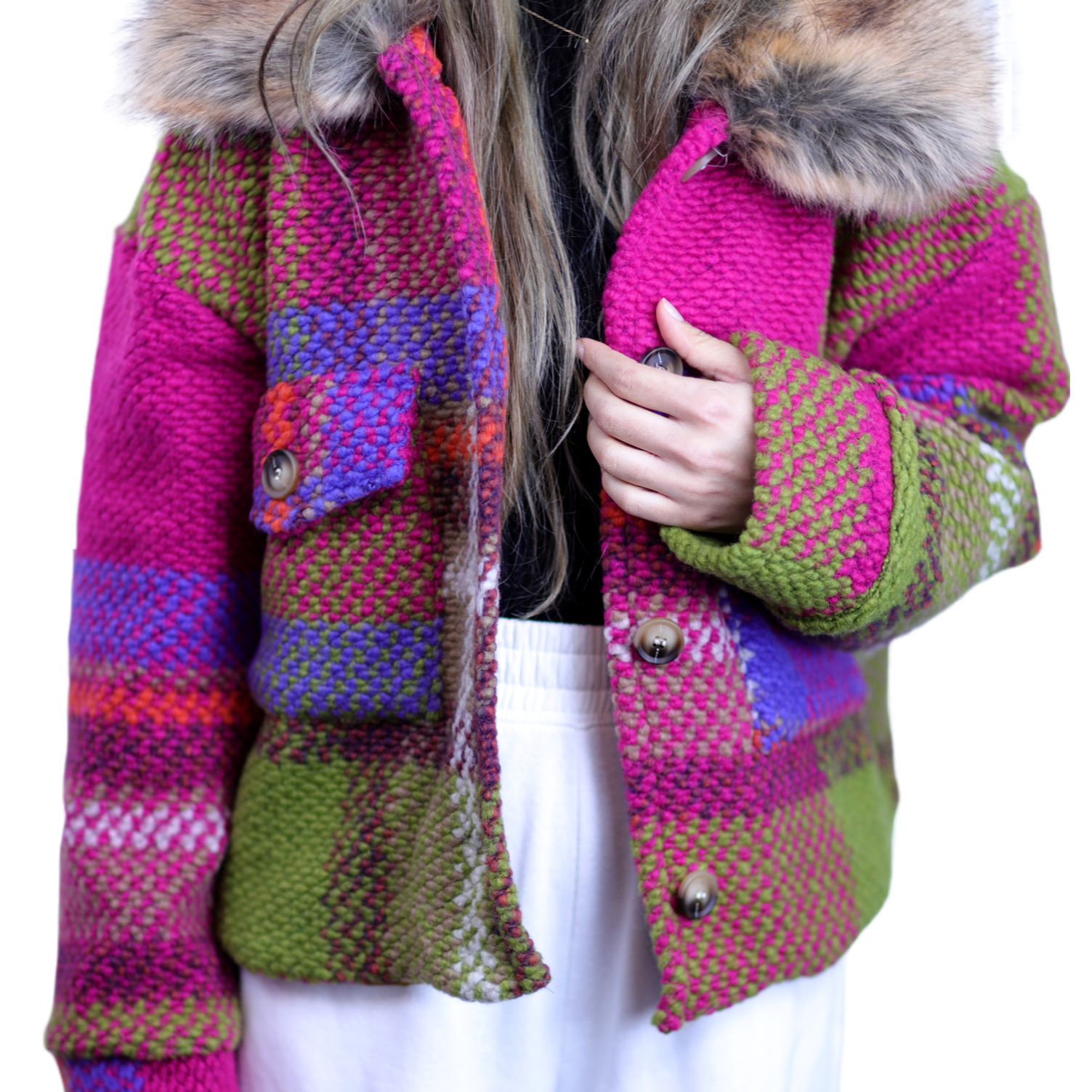 La Fiorentina Short Plaid Wool Jacket w/ Faux Fur Trim- Fuchsia/Camel - Faux Fur Jacket - La Fiorentina FL1831-FUXCA-ML