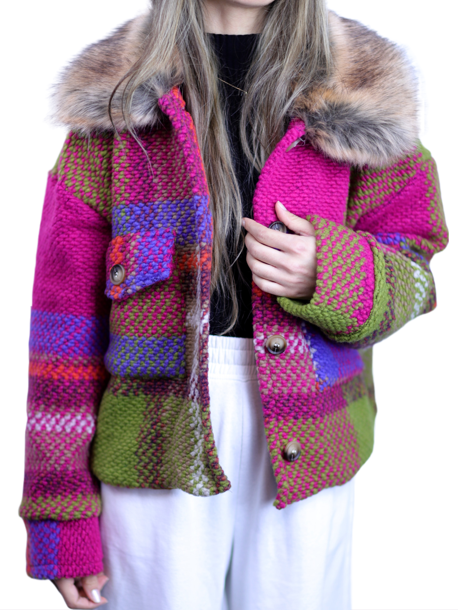 La Fiorentina Short Plaid Wool Jacket w/ Faux Fur Trim- Fuchsia/Camel - Faux Fur Jacket - La Fiorentina FL1831-FUXCA-ML