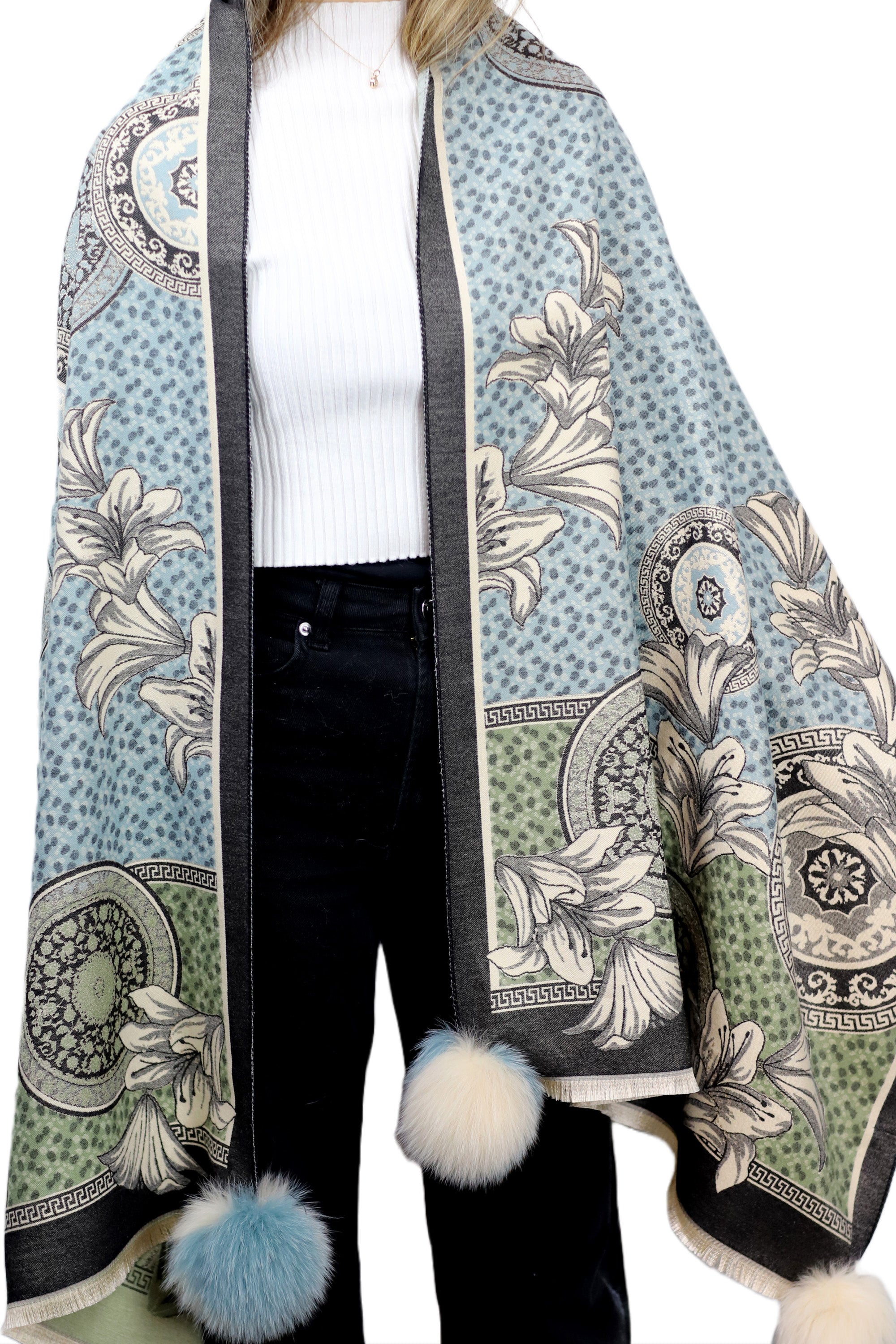 Floral & Abstract Print Wrap with Fox Poms - Blue/Beige - Fur Wrap - La Fiorentina TINA59-2301-BLUEBEIGE