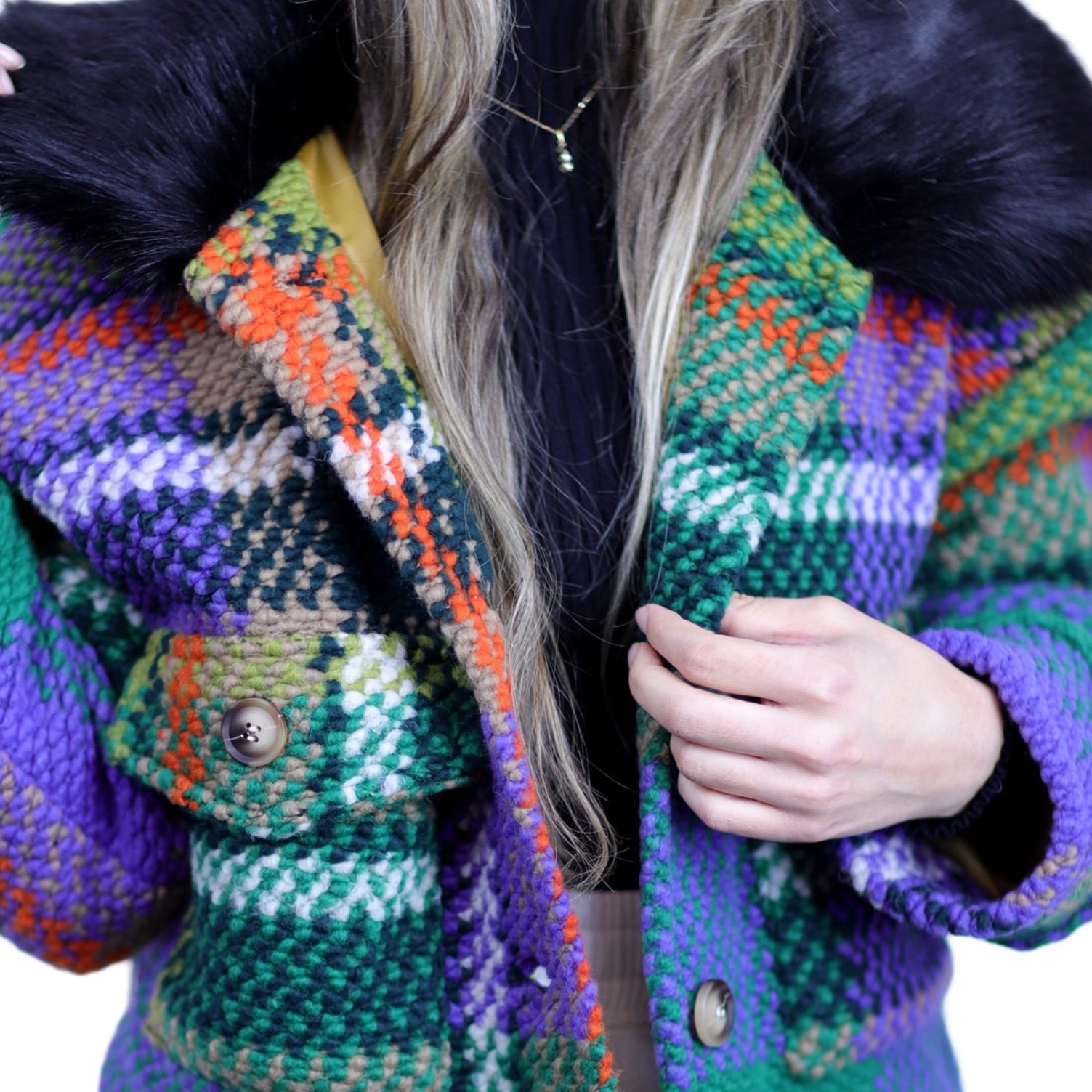 La Fiorentina Short Plaid Wool Jacket w/ Faux Fur Trim- Green/Black - Faux Fur Jacket - La Fiorentina FL1831-GRNBLK-SM