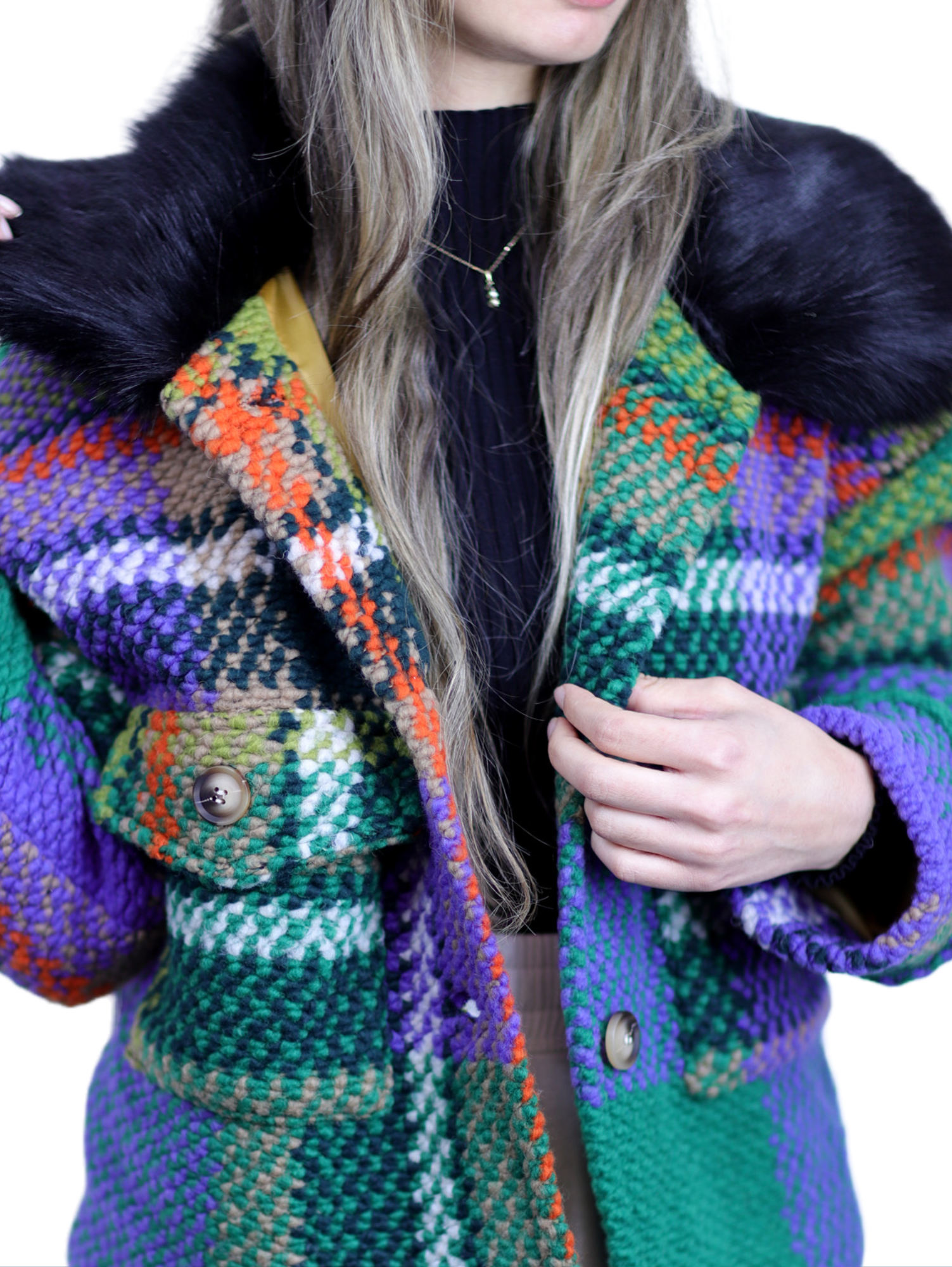 La Fiorentina Short Plaid Wool Jacket w/ Faux Fur Trim- Green/Black - Faux Fur Jacket - La Fiorentina FL1831-GRNBLK-SM