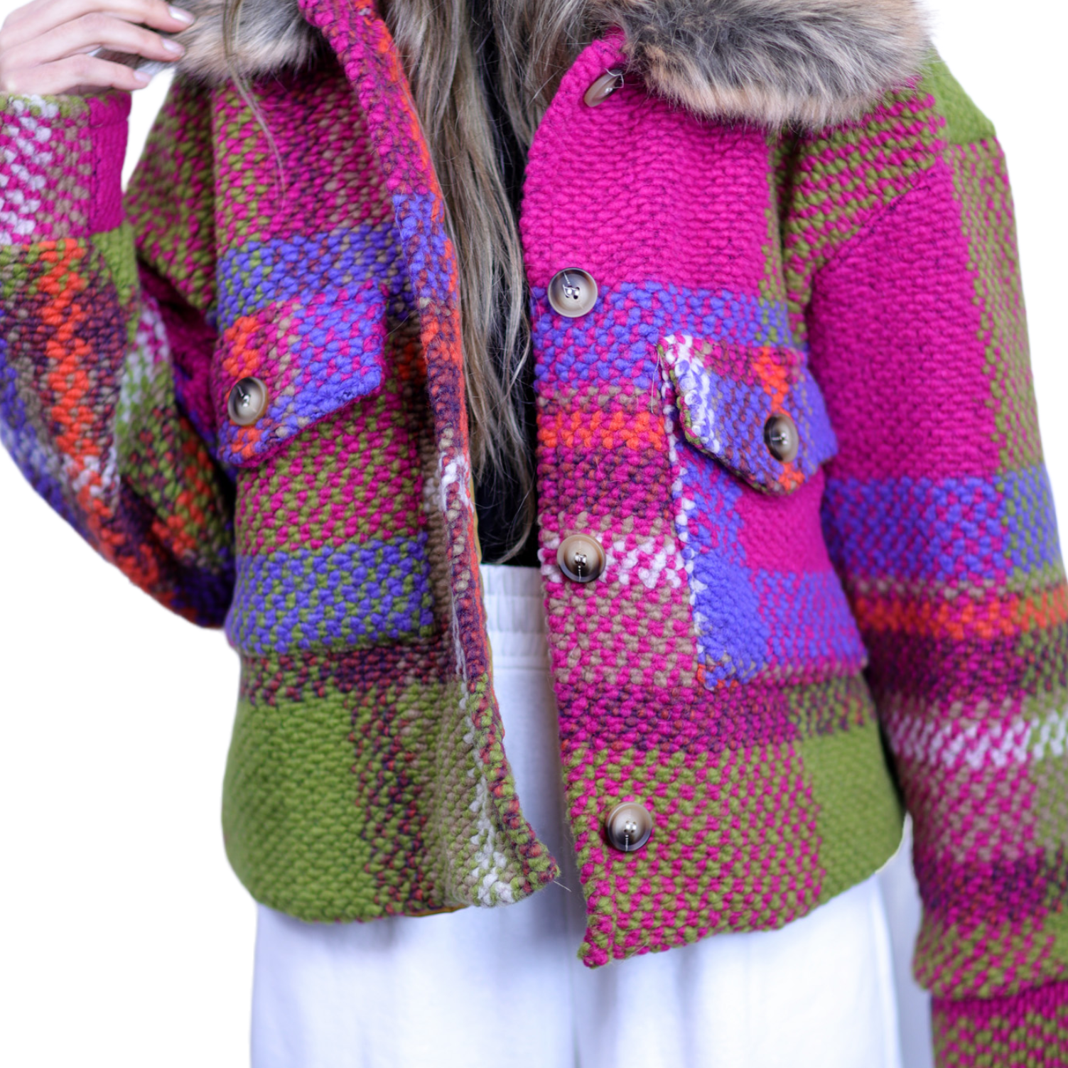 La Fiorentina Short Plaid Wool Jacket w/ Faux Fur Trim- Fuchsia/Camel - Faux Fur Jacket - La Fiorentina FL1831-FUXCA-ML