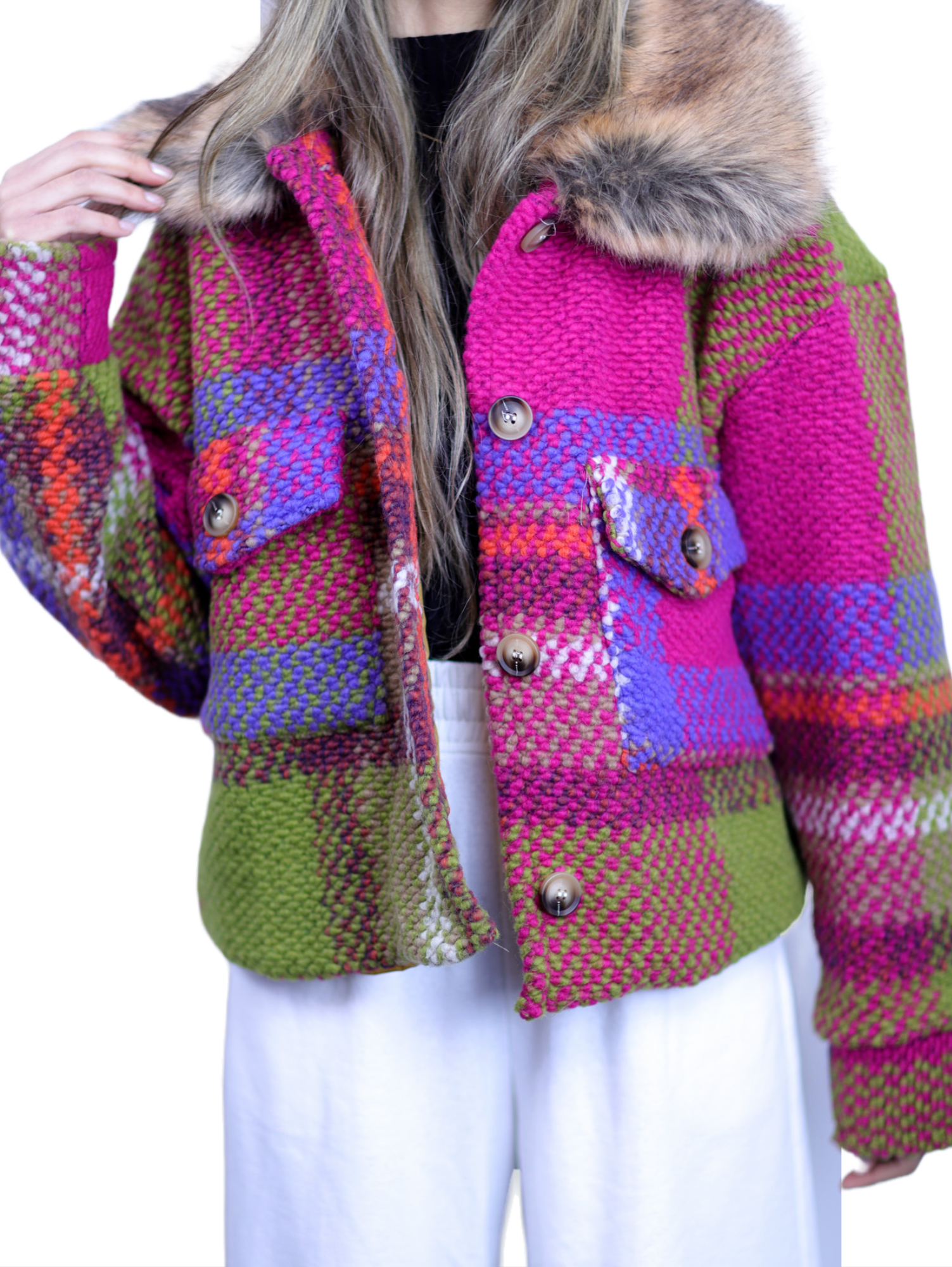 La Fiorentina Short Plaid Wool Jacket w/ Faux Fur Trim- Fuchsia/Camel - Faux Fur Jacket - La Fiorentina FL1831-FUXCA-ML