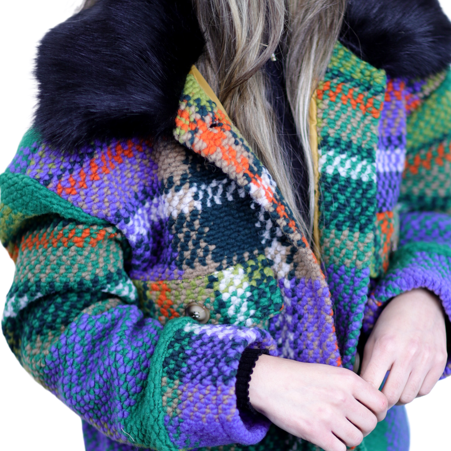 La Fiorentina Short Plaid Wool Jacket w/ Faux Fur Trim- Green/Black - Faux Fur Jacket - La Fiorentina FL1831-GRNBLK-ML