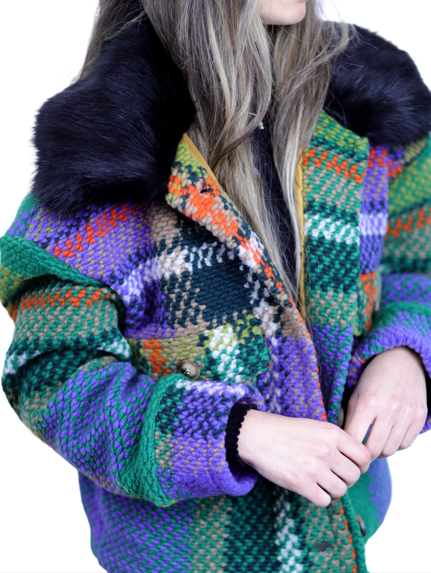 La Fiorentina Short Plaid Wool Jacket w/ Faux Fur Trim- Green/Black - Faux Fur Jacket - La Fiorentina FL1831-GRNBLK-ML