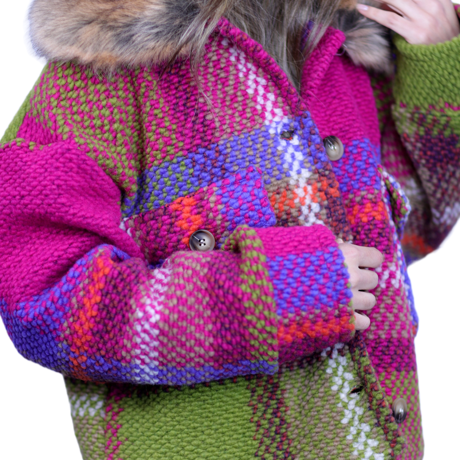 La Fiorentina Short Plaid Wool Jacket w/ Faux Fur Trim- Fuchsia/Camel - Faux Fur Jacket - La Fiorentina FL1831-FUXCA-ML