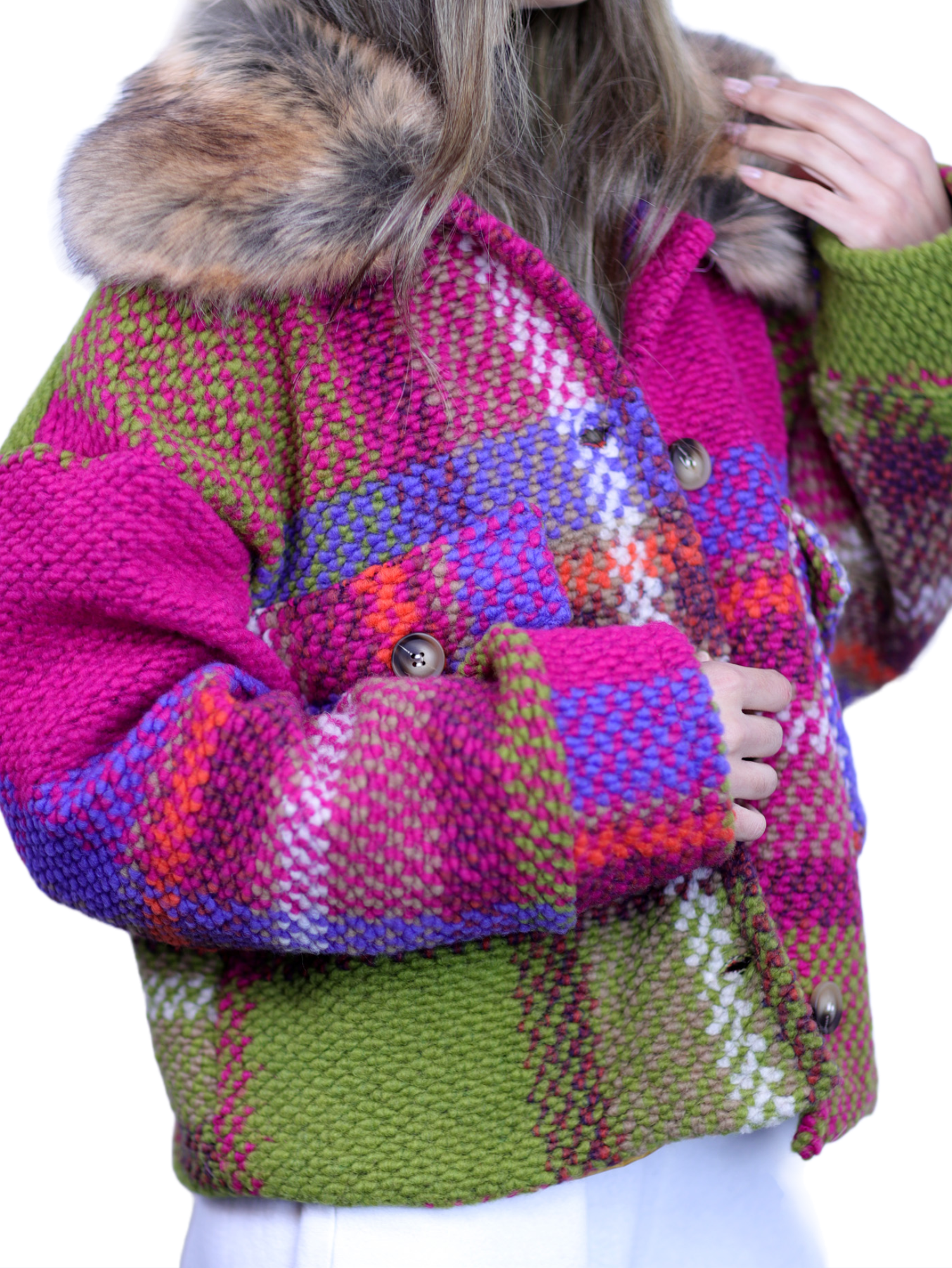 La Fiorentina Short Plaid Wool Jacket w/ Faux Fur Trim- Fuchsia/Camel - Faux Fur Jacket - La Fiorentina FL1831-FUXCA-ML