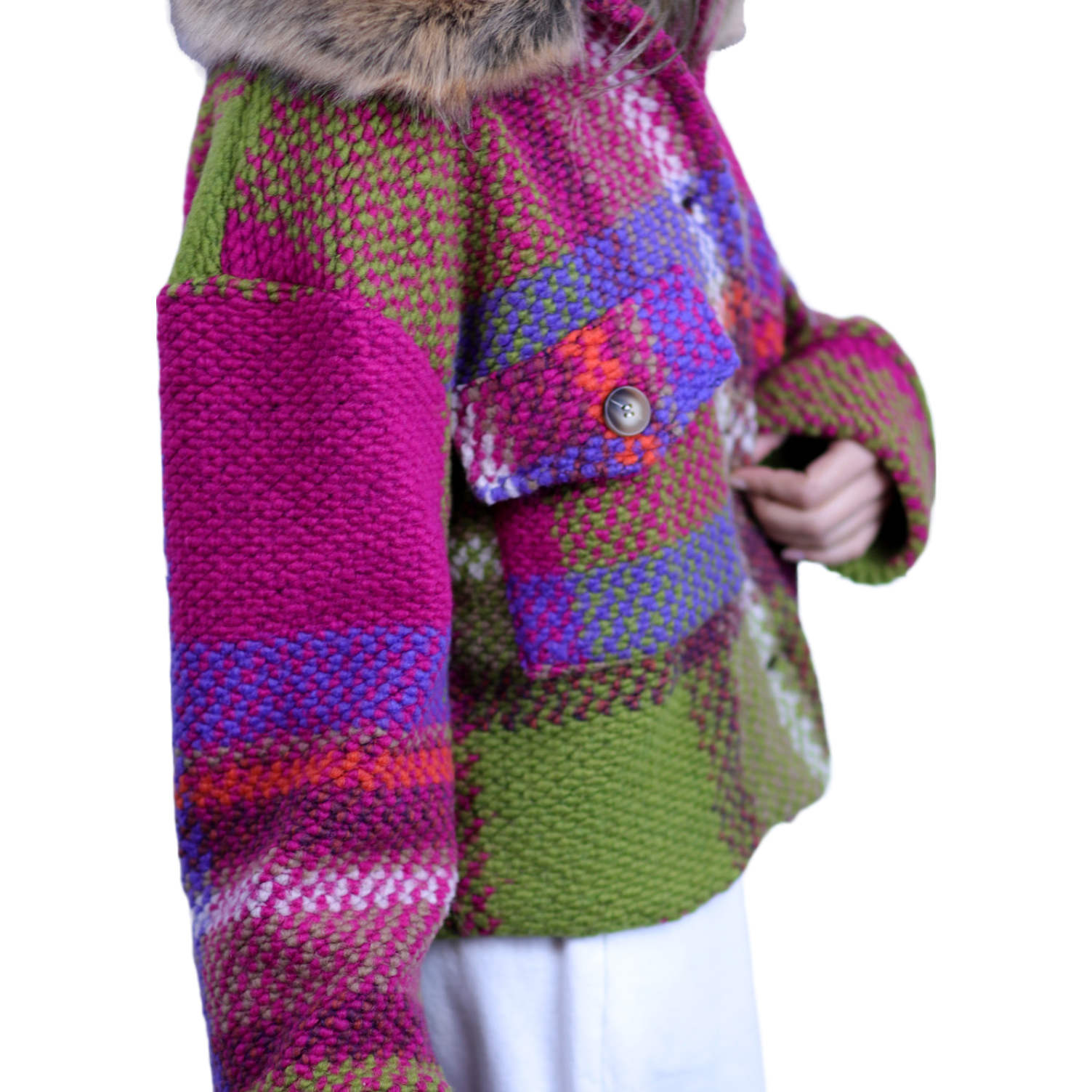 La Fiorentina Short Plaid Wool Jacket w/ Faux Fur Trim- Fuchsia/Camel - Faux Fur Jacket - La Fiorentina FL1831-FUXCA-ML