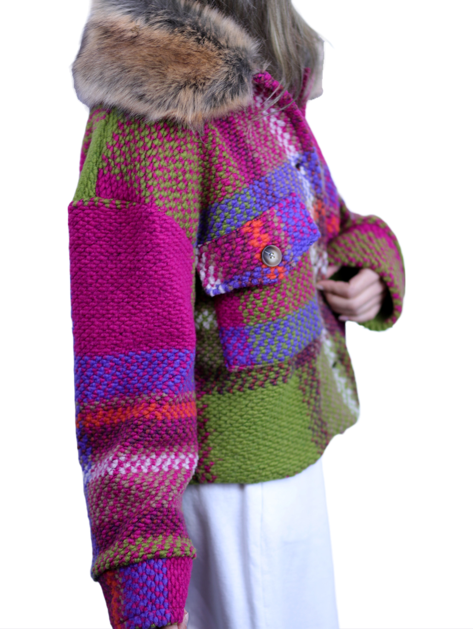 La Fiorentina Short Plaid Wool Jacket w/ Faux Fur Trim- Fuchsia/Camel - Faux Fur Jacket - La Fiorentina FL1831-FUXCA-ML