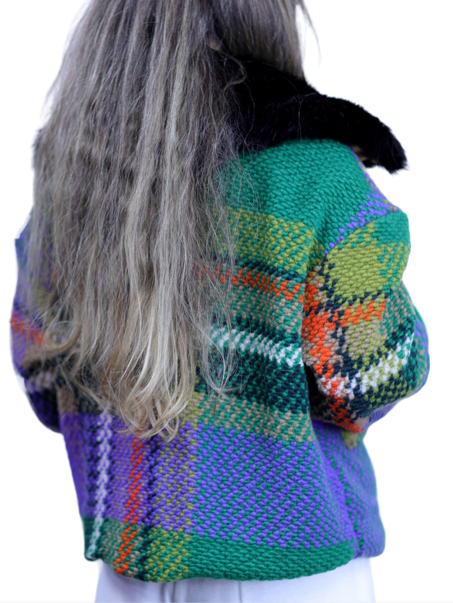 La Fiorentina Short Plaid Wool Jacket w/ Faux Fur Trim- Green/Black - Faux Fur Jacket - La Fiorentina FL1831-GRNBLK-ML