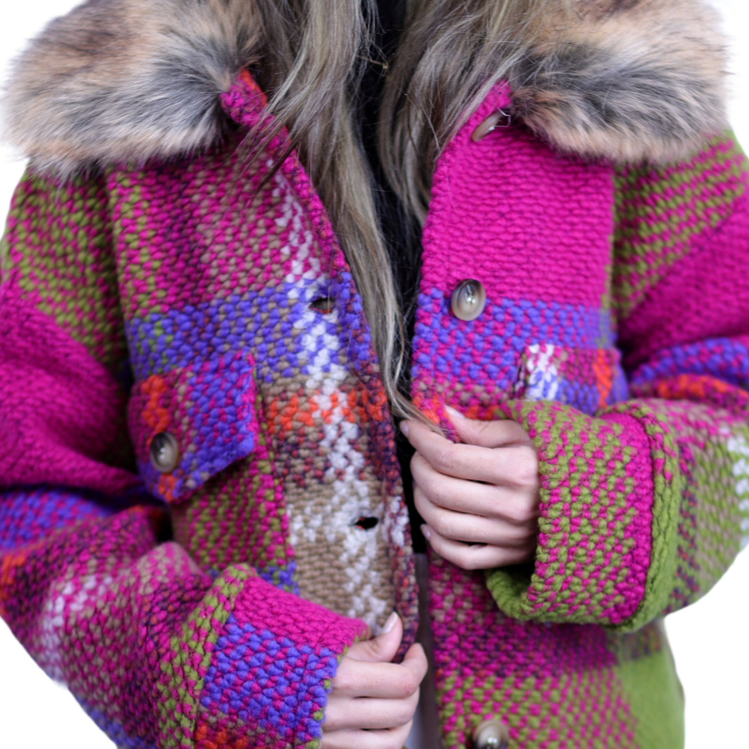 La Fiorentina Short Plaid Wool Jacket w/ Faux Fur Trim- Fuchsia/Camel - Faux Fur Jacket - La Fiorentina FL1831-FUXCA-ML