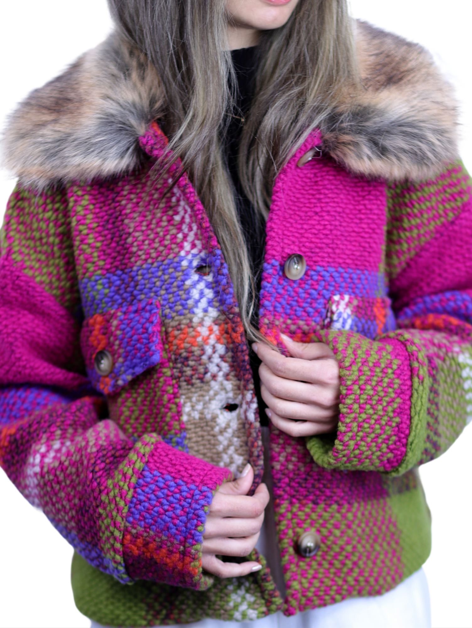 La Fiorentina Short Plaid Wool Jacket w/ Faux Fur Trim- Fuchsia/Camel - Faux Fur Jacket - La Fiorentina FL1831-FUXCA-ML