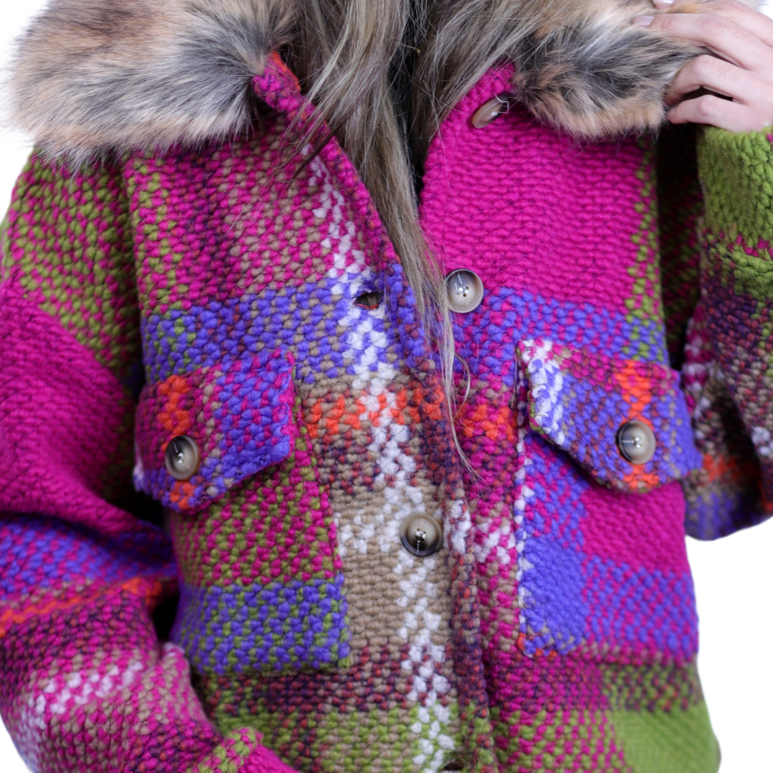 La Fiorentina Short Plaid Wool Jacket w/ Faux Fur Trim- Fuchsia/Camel - Faux Fur Jacket - La Fiorentina FL1831-FUXCAMEL-SM