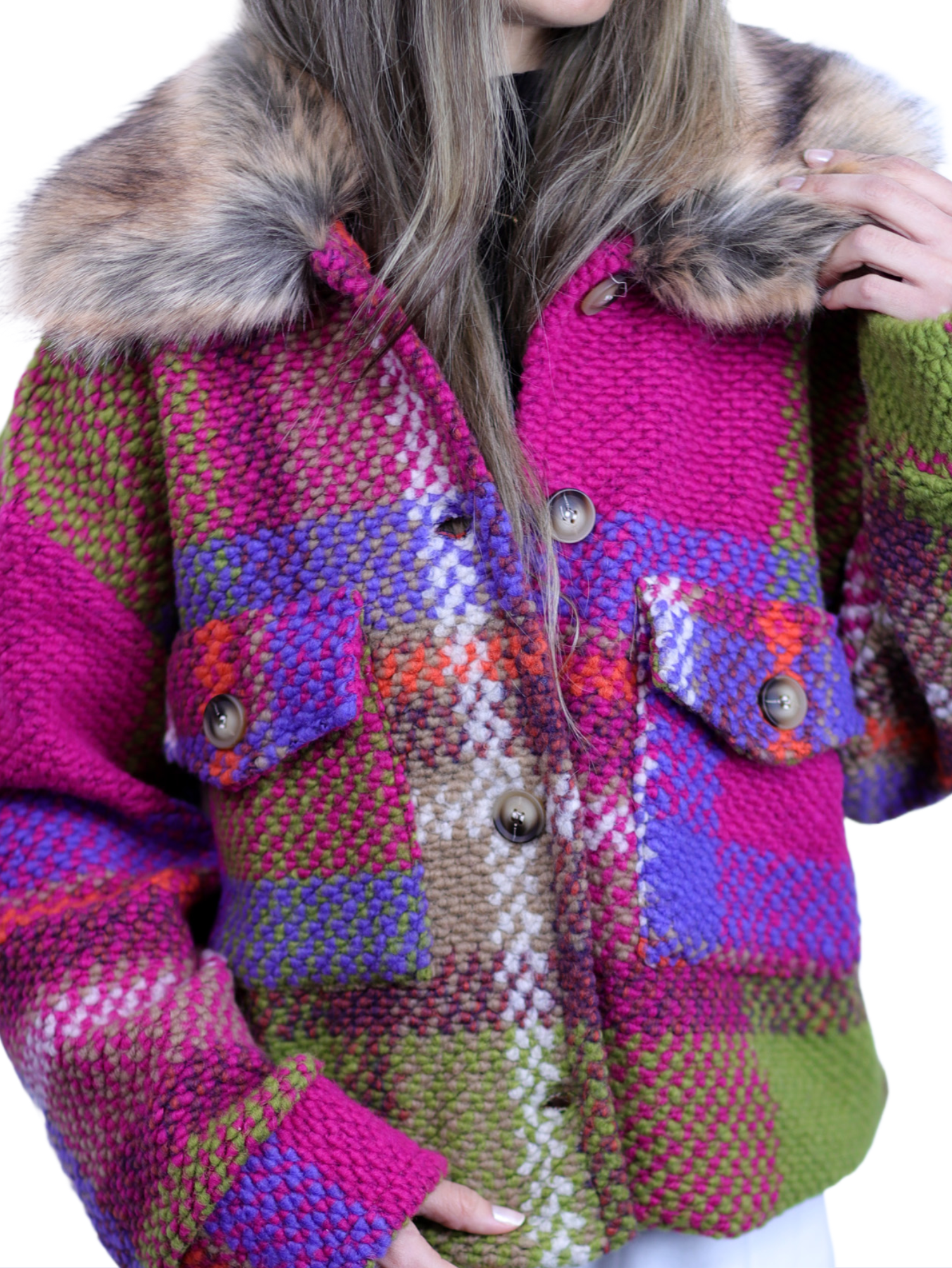 La Fiorentina Short Plaid Wool Jacket w/ Faux Fur Trim- Fuchsia/Camel - Faux Fur Jacket - La Fiorentina FL1831-FUXCAMEL-SM