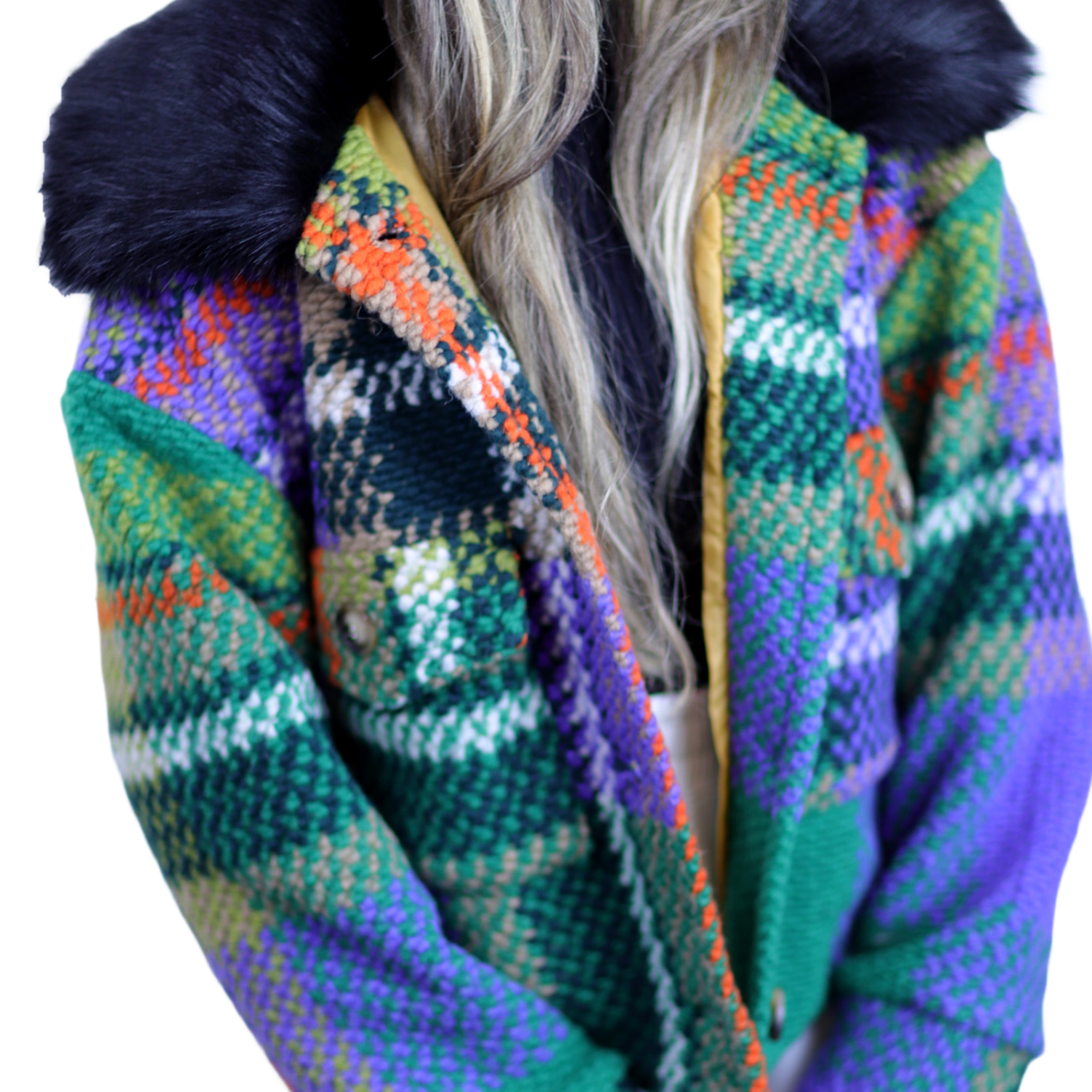 La Fiorentina Short Plaid Wool Jacket w/ Faux Fur Trim- Green/Black - Faux Fur Jacket - La Fiorentina FL1831-GRNBLK-ML