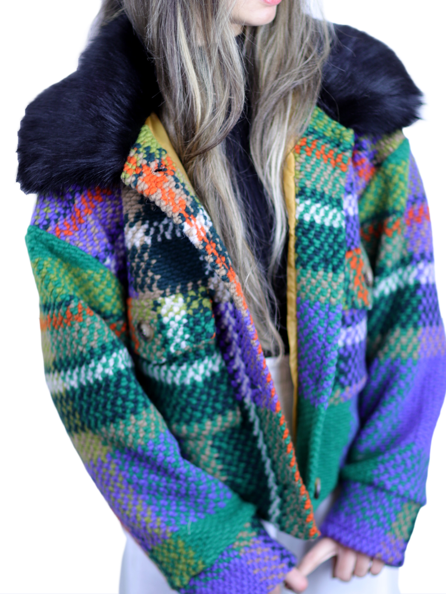 La Fiorentina Short Plaid Wool Jacket w/ Faux Fur Trim- Green/Black - Faux Fur Jacket - La Fiorentina FL1831-GRNBLK-ML