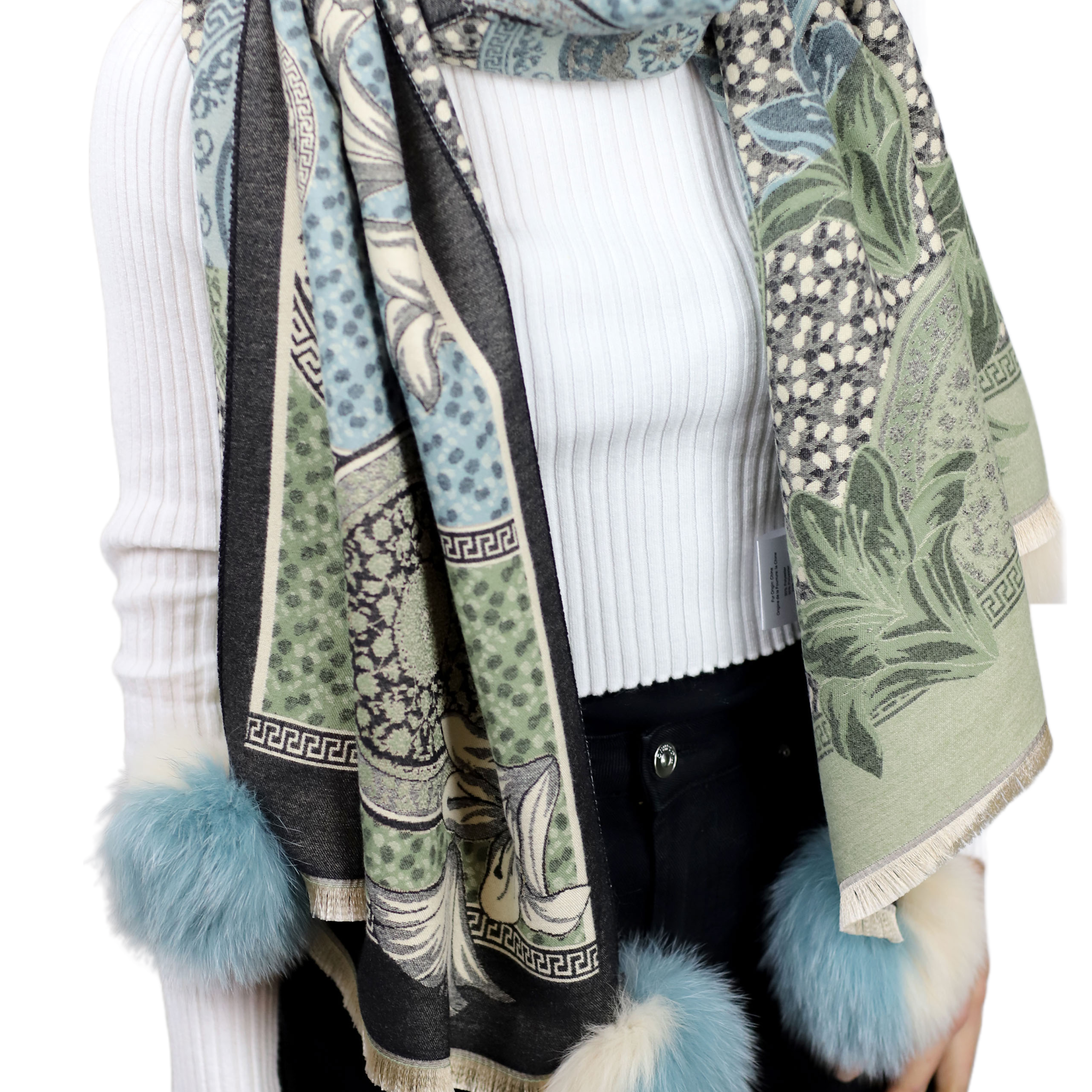 Floral & Abstract Print Wrap with Fox Poms - Blue/Beige - Fur Wrap - La Fiorentina TINA59-2301-BLUEBEIGE