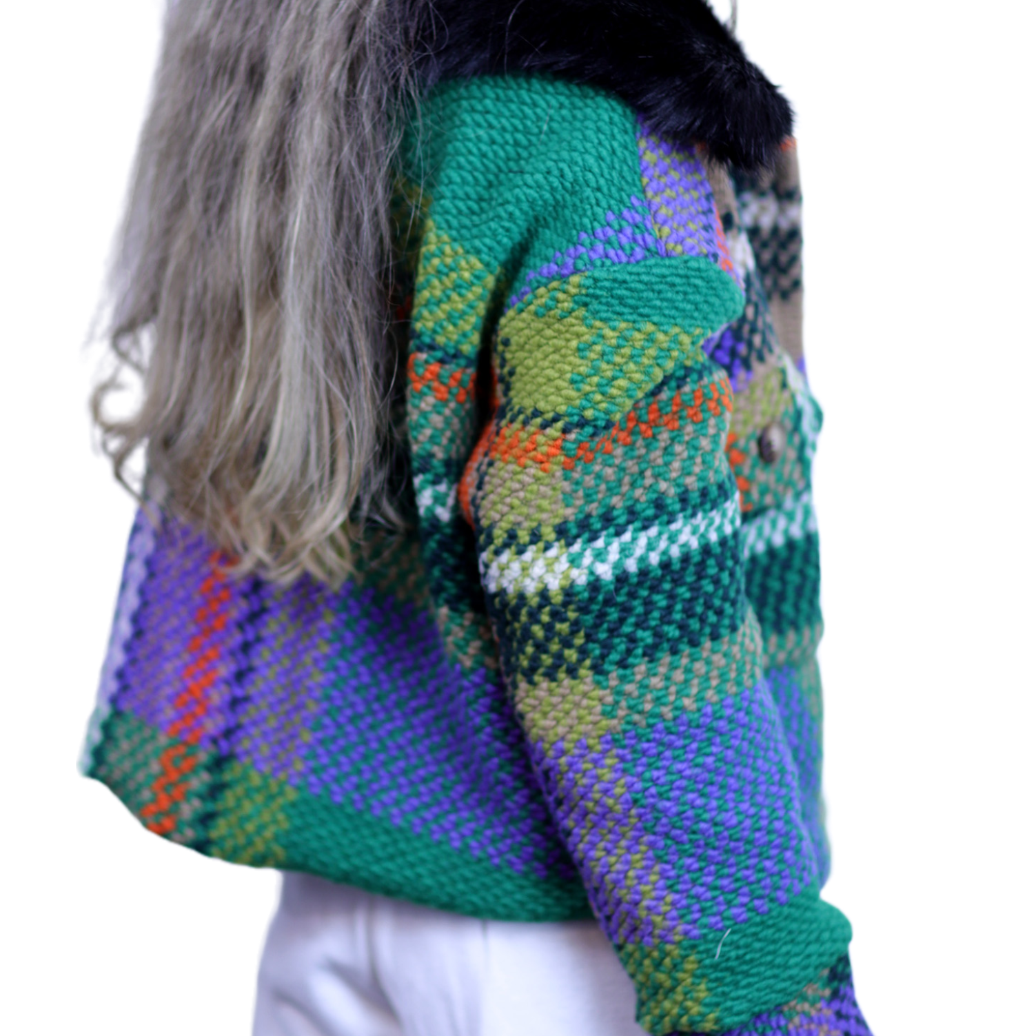 La Fiorentina Short Plaid Wool Jacket w/ Faux Fur Trim- Green/Black - Faux Fur Jacket - La Fiorentina FL1831-GRNBLK-ML