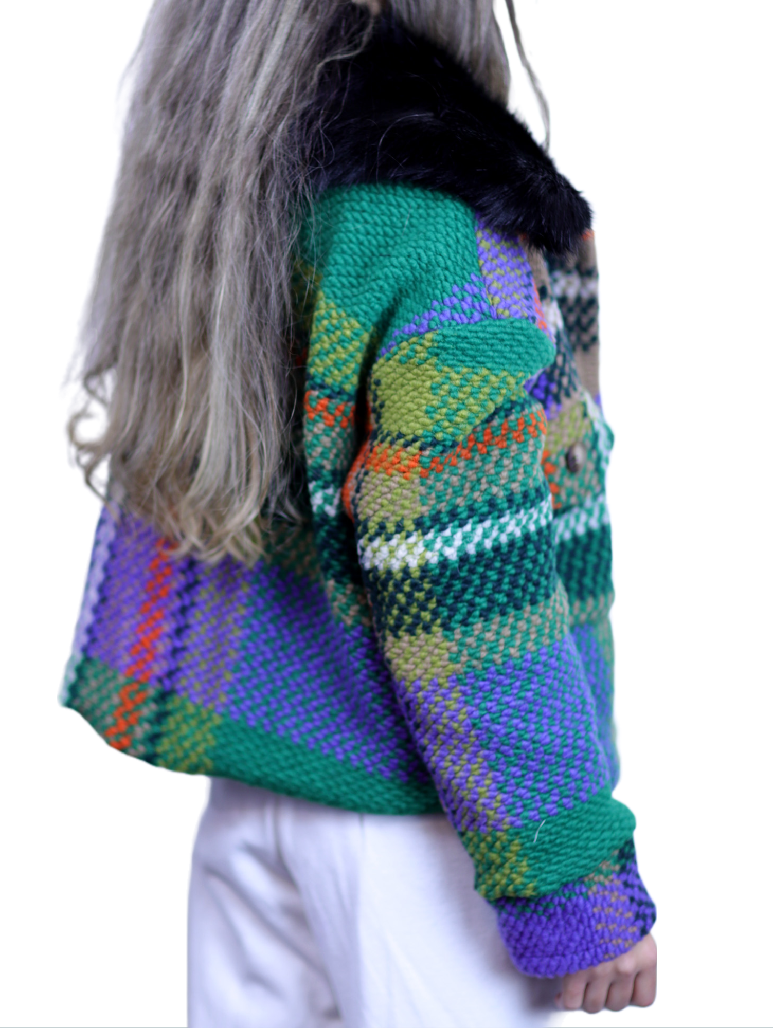 La Fiorentina Short Plaid Wool Jacket w/ Faux Fur Trim- Green/Black - Faux Fur Jacket - La Fiorentina FL1831-GRNBLK-ML