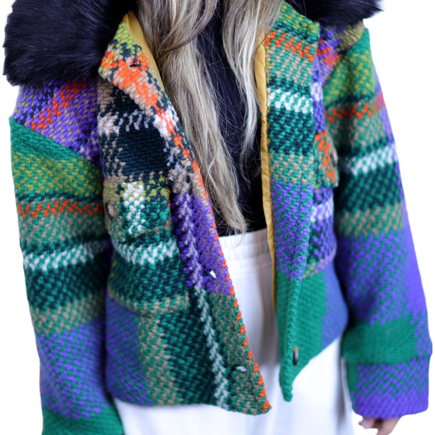 La Fiorentina Short Plaid Wool Jacket w/ Faux Fur Trim- Green/Black - Faux Fur Jacket - La Fiorentina FL1831-GRNBLK-ML