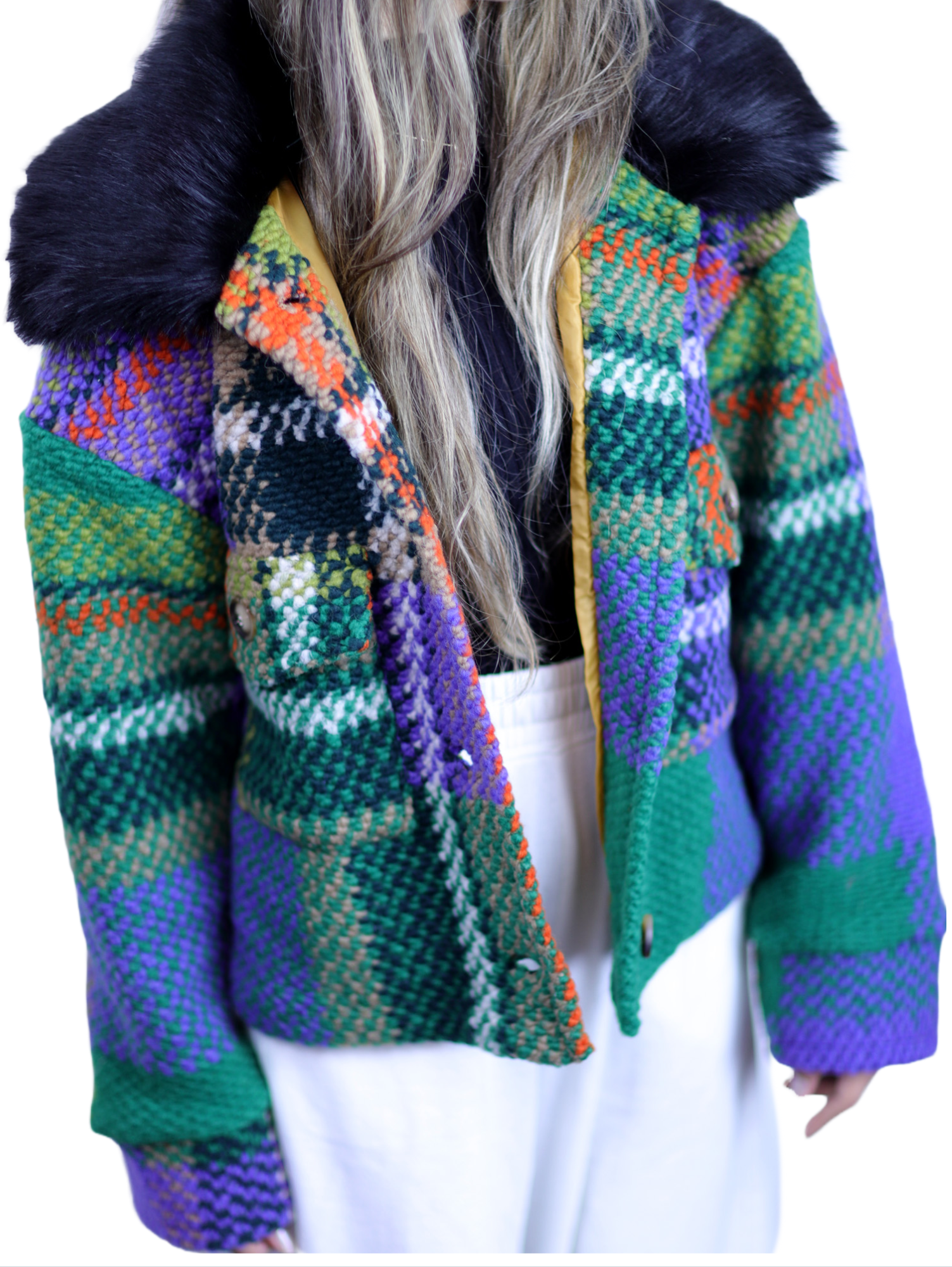 La Fiorentina Short Plaid Wool Jacket w/ Faux Fur Trim- Green/Black - Faux Fur Jacket - La Fiorentina FL1831-GRNBLK-ML