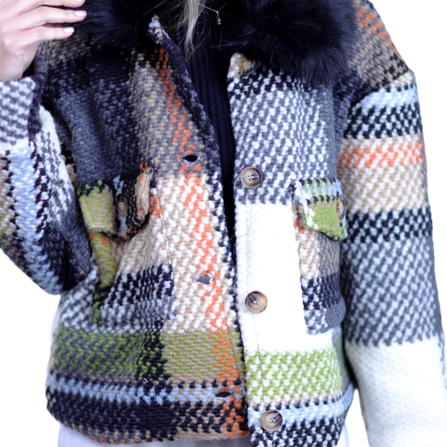 La Fiorentina Short Plaid Wool Jacket w/ Faux Fur Trim- Ivory/Black - Faux Fur Jacket - La Fiorentina FL1831-IVRYBLK-SM