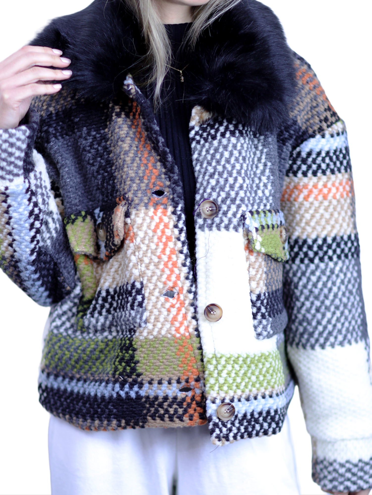 La Fiorentina Short Plaid Wool Jacket w/ Faux Fur Trim- Ivory/Black - Faux Fur Jacket - La Fiorentina FL1831-IVRYBLK-SM