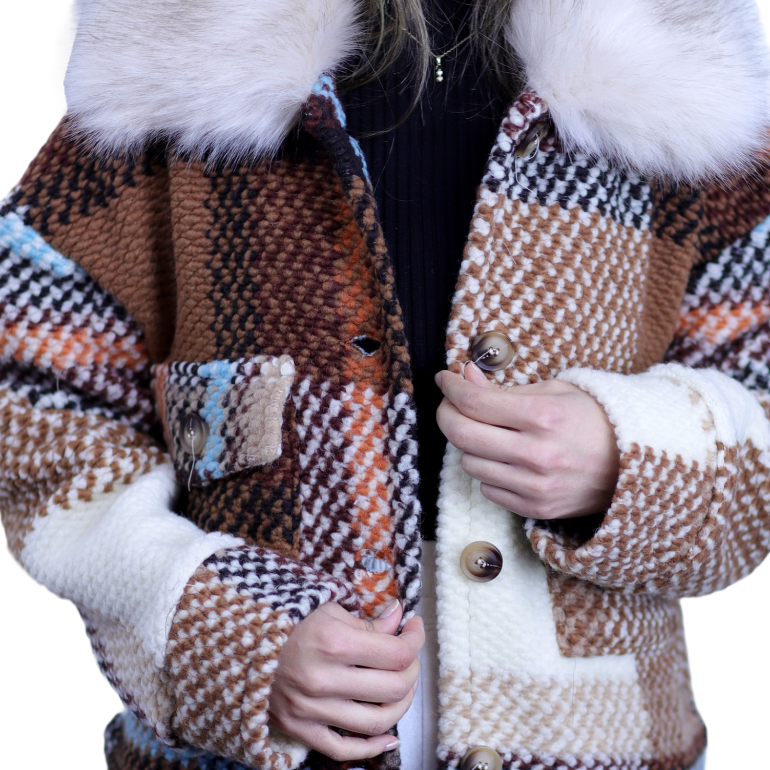 La Fiorentina Short Plaid Wool Jacket w/ Faux Fur Trim- Brown/Ivory - Faux Fur Jacket - La Fiorentina FL1831-BRWNIVRY-SM