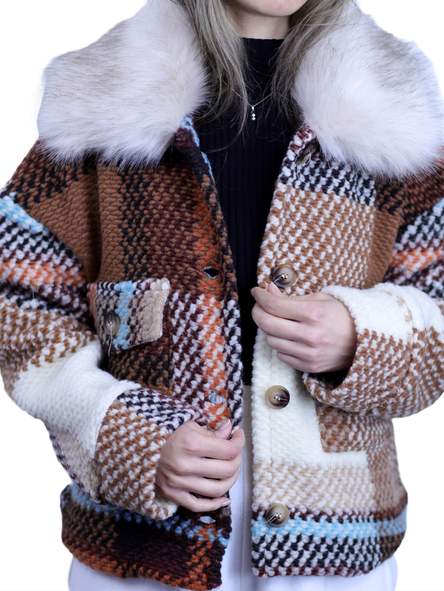 La Fiorentina Short Plaid Wool Jacket w/ Faux Fur Trim- Brown/Ivory - Faux Fur Jacket - La Fiorentina FL1831-BRWNIVRY-SM