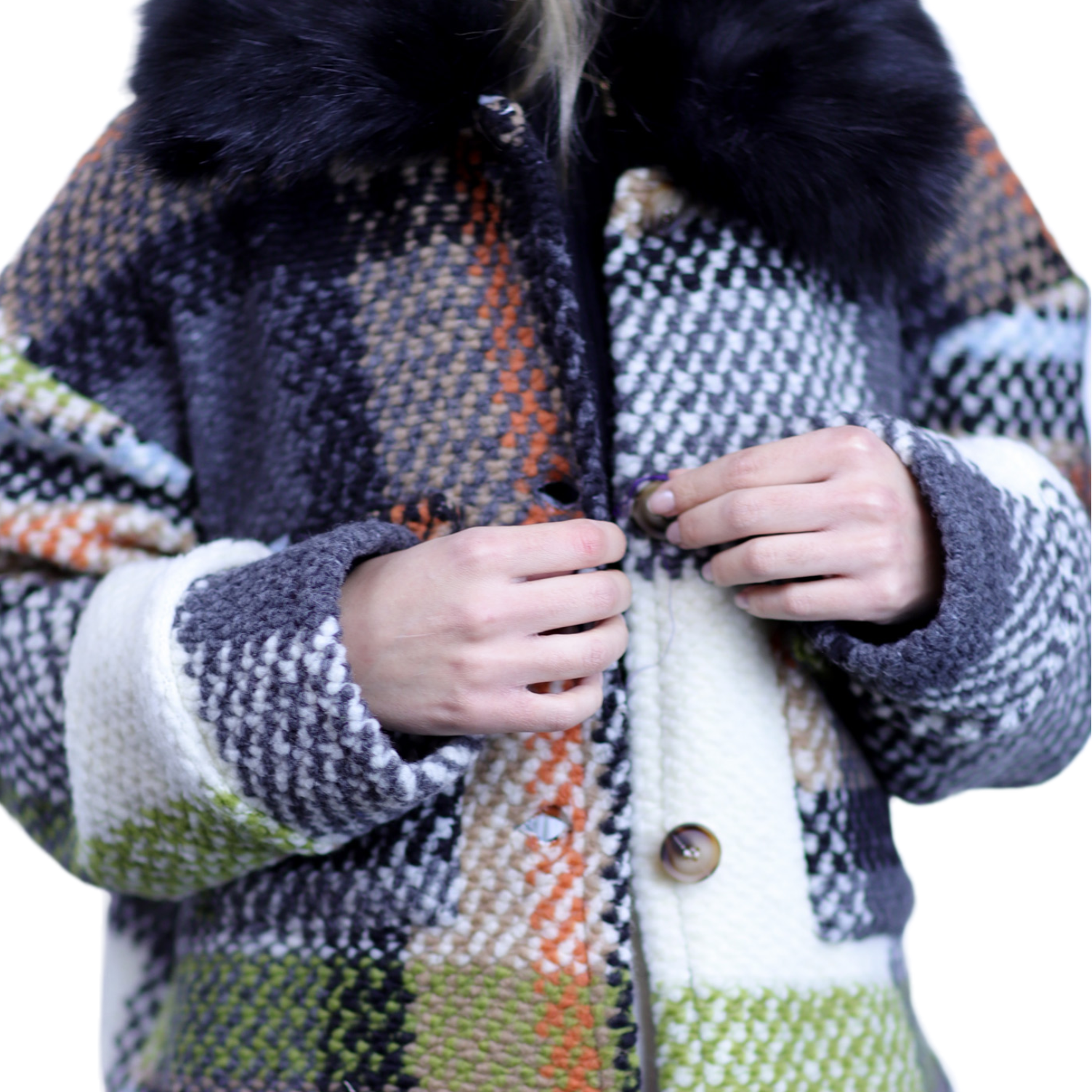 La Fiorentina Short Plaid Wool Jacket w/ Faux Fur Trim- Ivory/Black - Faux Fur Jacket - La Fiorentina FL1831-IVRYBLK-ML