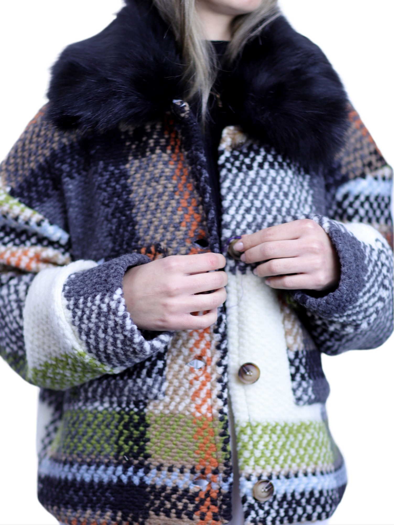 La Fiorentina Short Plaid Wool Jacket w/ Faux Fur Trim- Ivory/Black - Faux Fur Jacket - La Fiorentina FL1831-IVRYBLK-ML