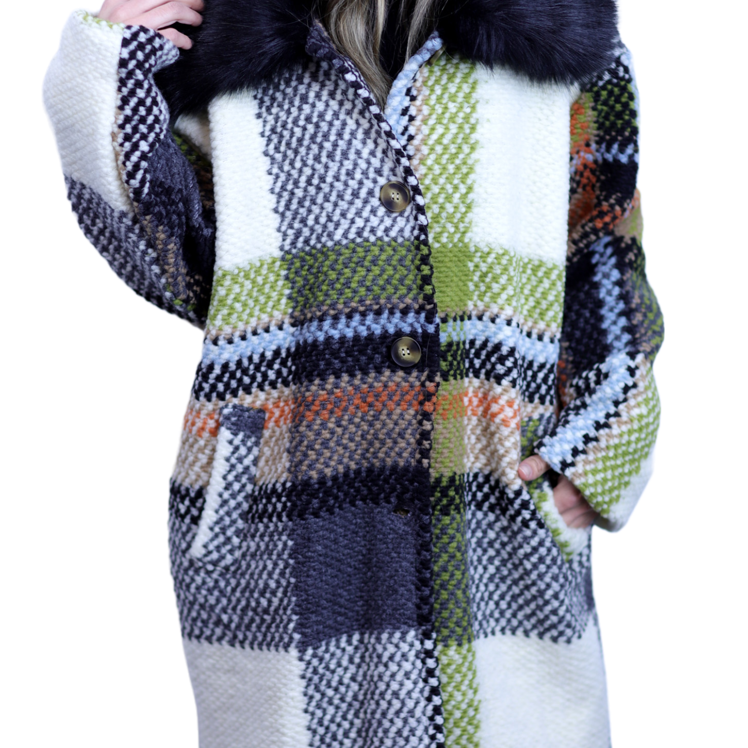 La Fiorentina Mid Length Plaid Wool Coat w/ Faux Fur Trim- Ivory/Black - Faux Fur Jacket - La Fiorentina FL1826-IVRYBLK-SM