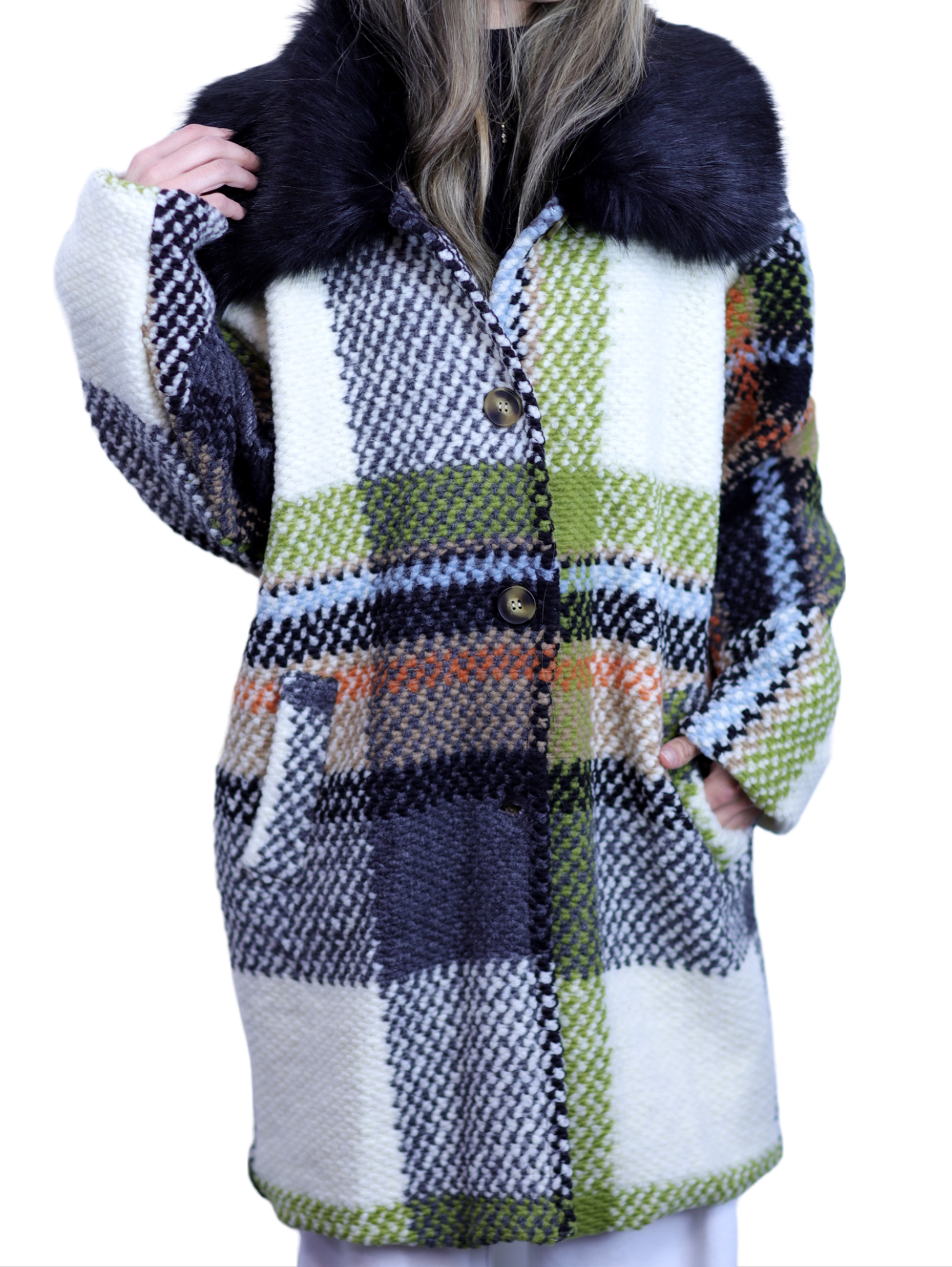 La Fiorentina Mid Length Plaid Wool Coat w/ Faux Fur Trim- Ivory/Black - Faux Fur Jacket - La Fiorentina FL1826-IVRYBLK-SM