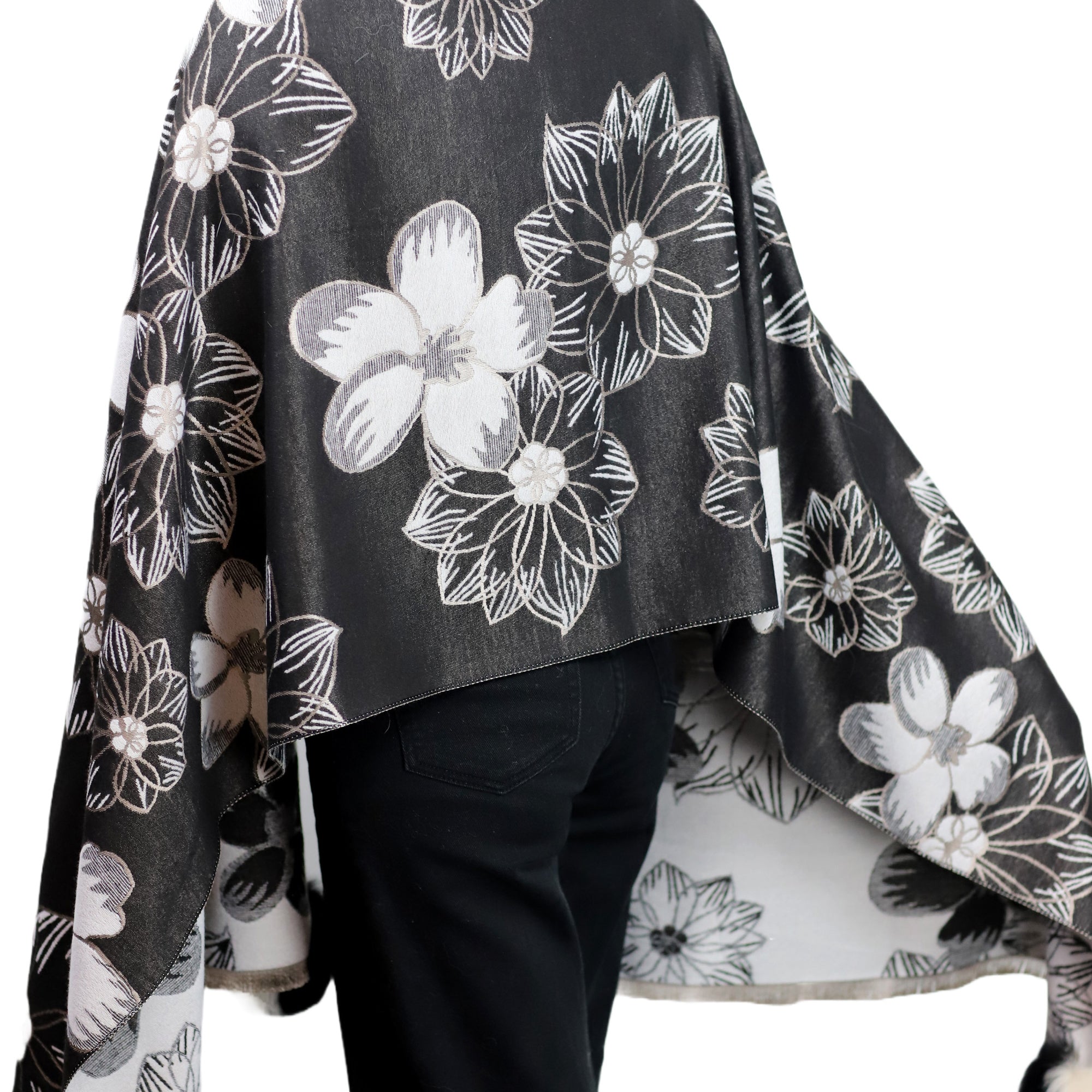 Stylish Floral Print Wrap with Fox Poms - Black & Beige - Fur Wrap - La Fiorentina TINA59-2306-BLACKBEIGE