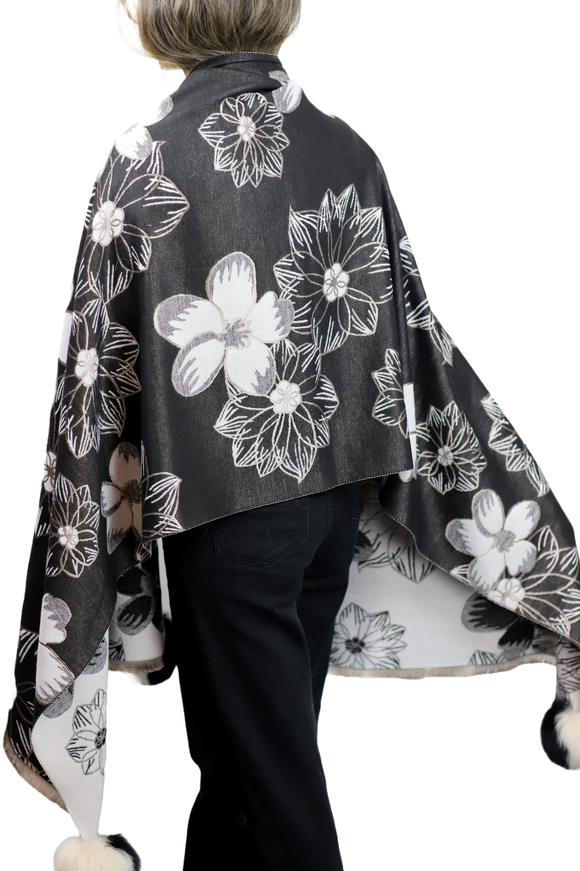 Stylish Floral Print Wrap with Fox Poms - Black & Beige - Fur Wrap - La Fiorentina TINA59-2306-BLACKBEIGE