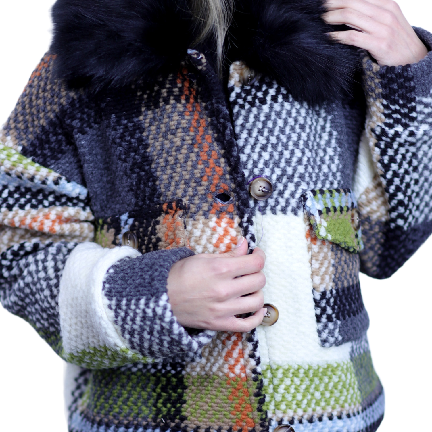 La Fiorentina Short Plaid Wool Jacket w/ Faux Fur Trim- Ivory/Black - Faux Fur Jacket - La Fiorentina FL1831-IVRYBLK-ML