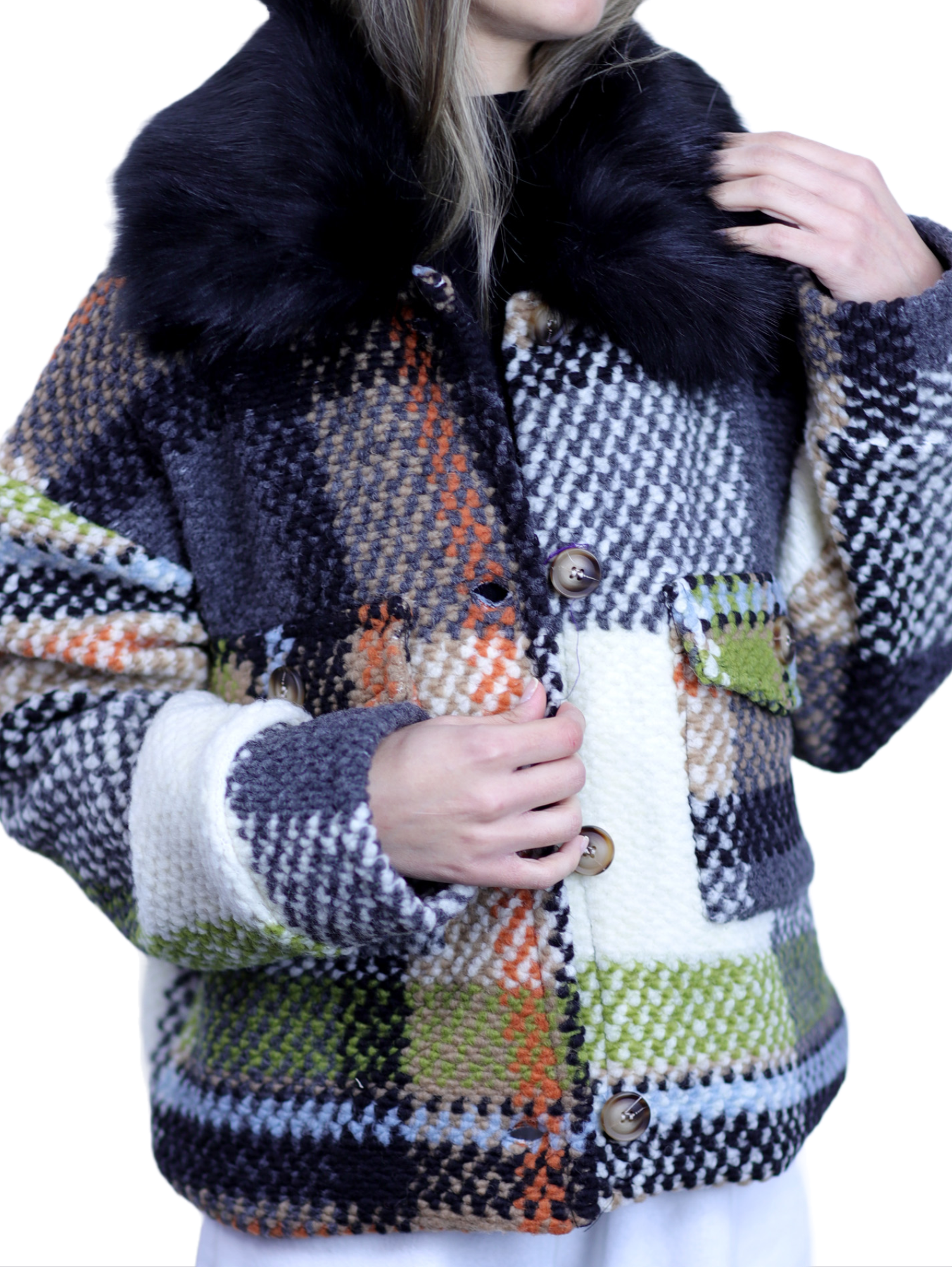 La Fiorentina Short Plaid Wool Jacket w/ Faux Fur Trim- Ivory/Black - Faux Fur Jacket - La Fiorentina FL1831-IVRYBLK-ML